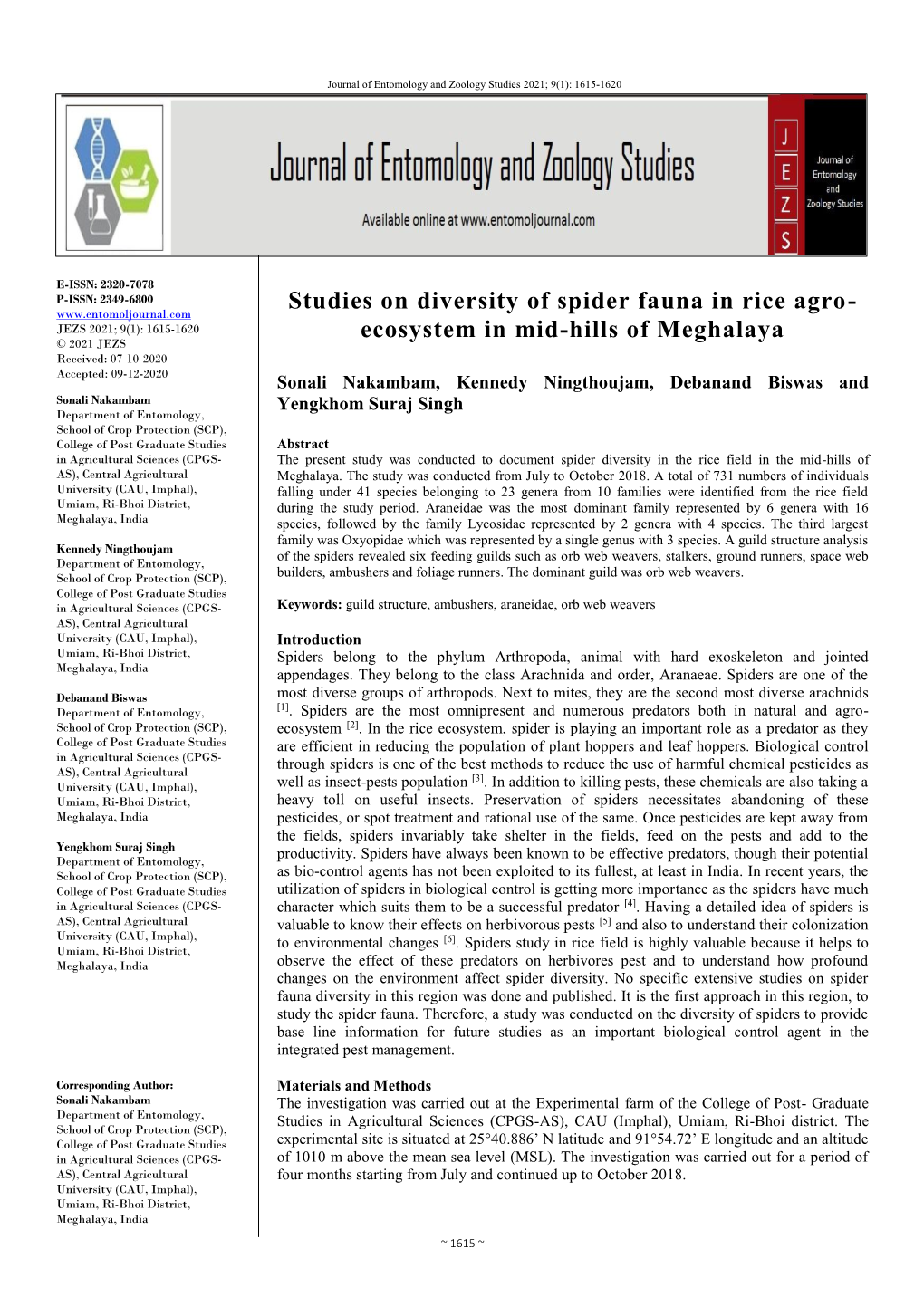 Studies on Diversity of Spider Fauna in Rice Agro- Ecosystem in Mid-Hills Of