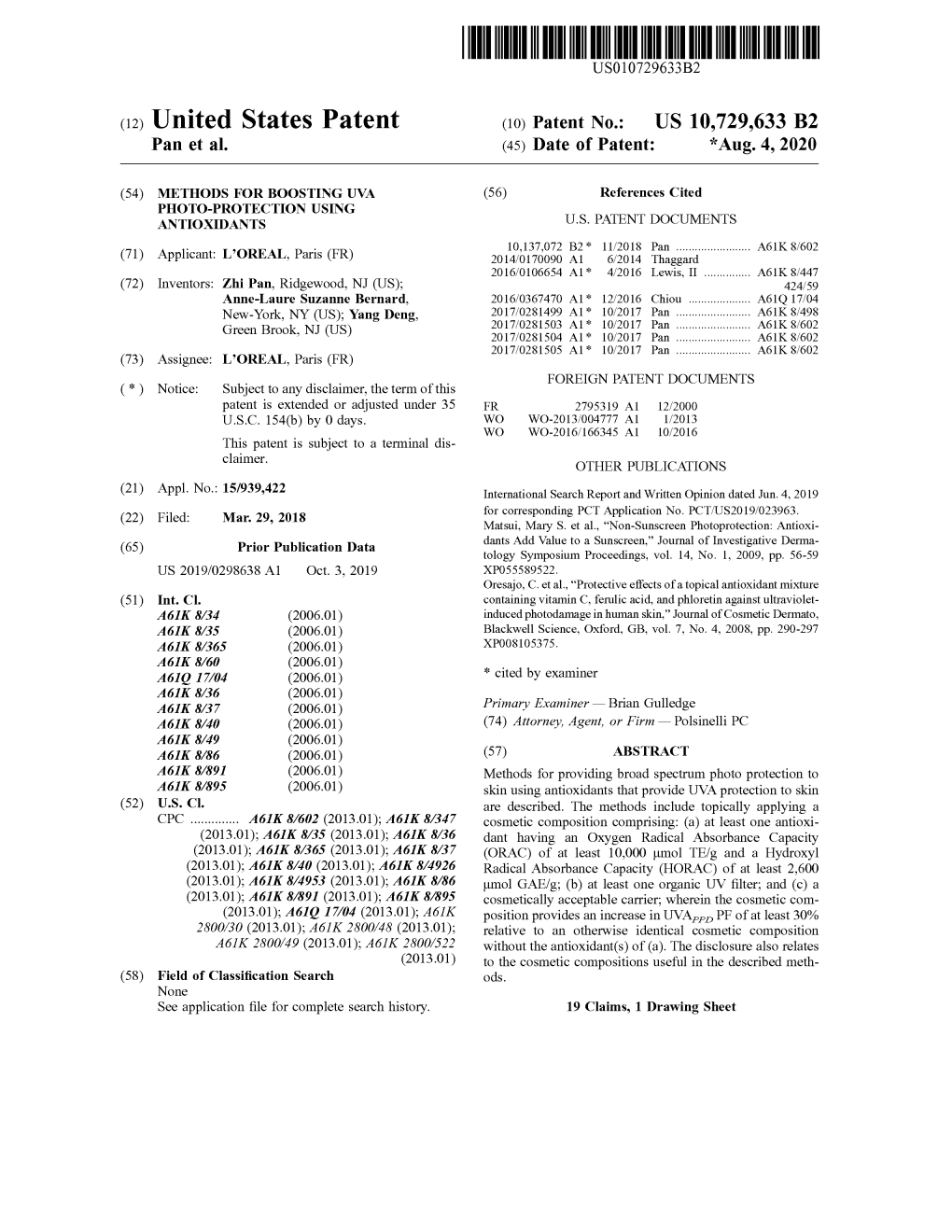 United States Patent (10 ) Patent No.: US 10,729,633 B2 Pan Et Al