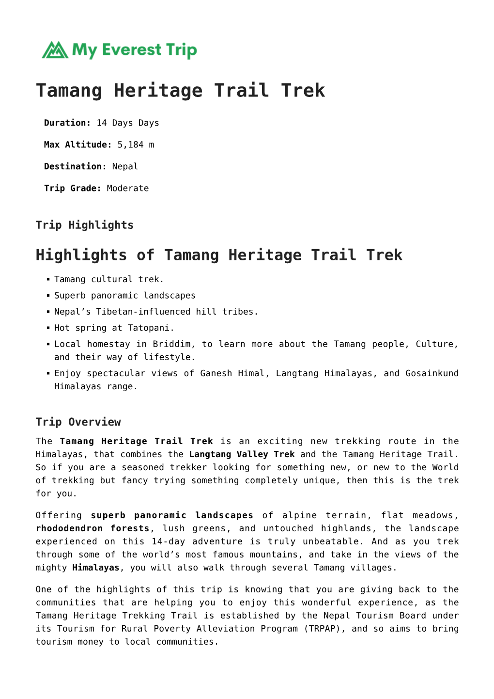 Tamang Heritage Trail Trek