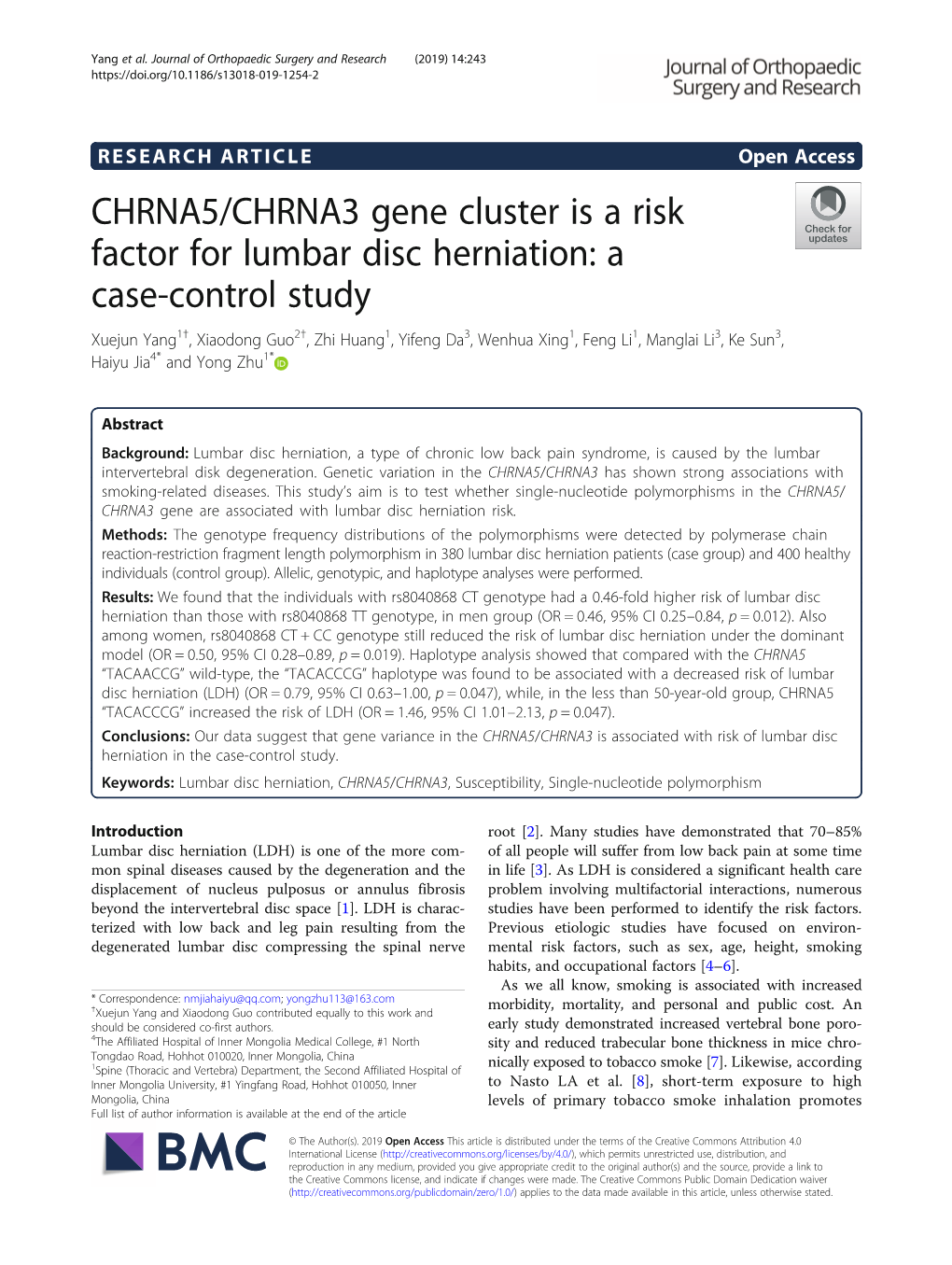 CHRNA5/CHRNA3 Gene Cluster Is a Risk Factor for Lumbar Disc Herniation