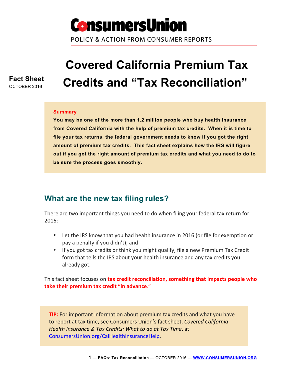 Covered California Premium Tax Credits and “Tax Reconciliation”