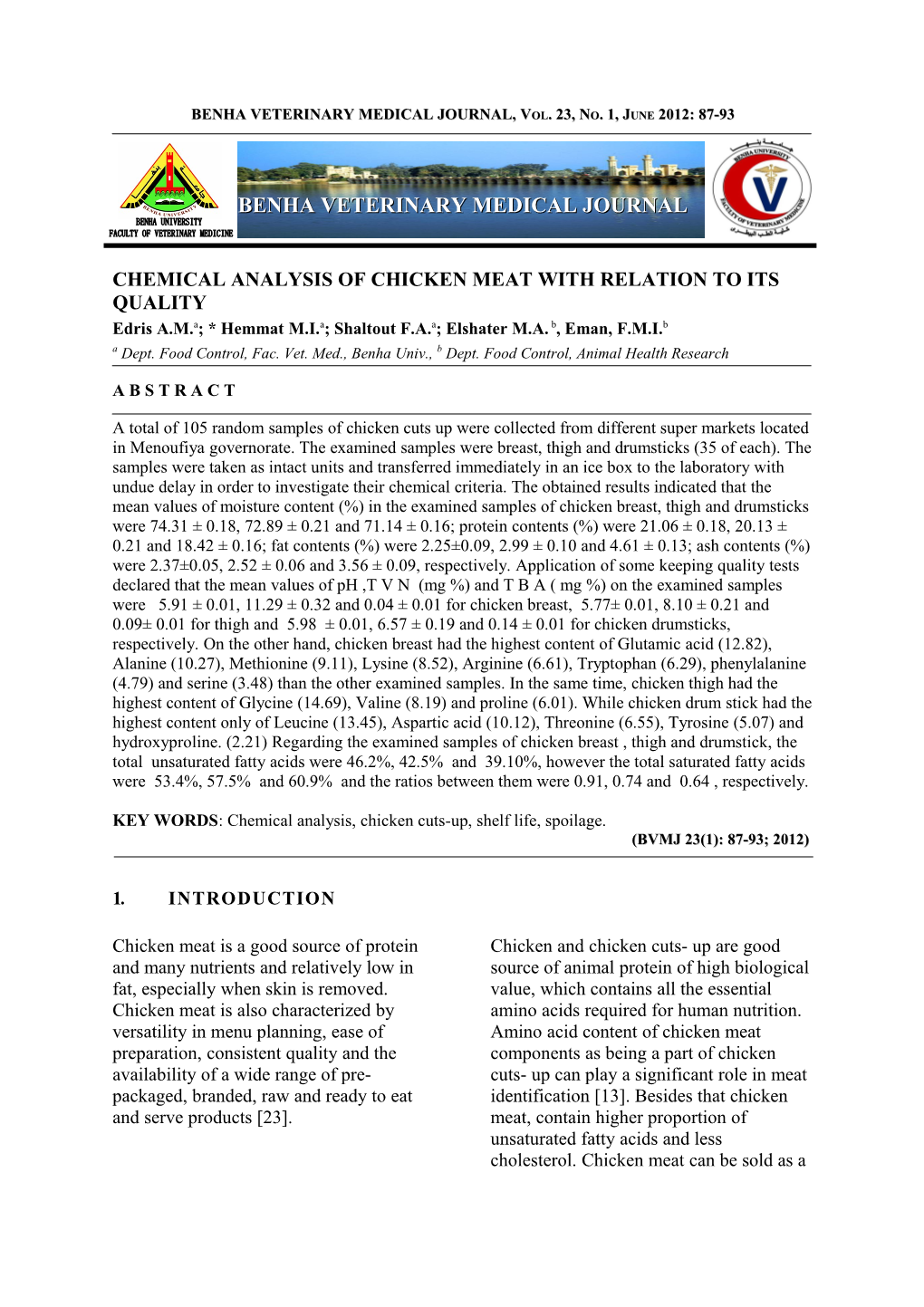 Chemical Analysis of Chicken Meat with Relation to Its Quality