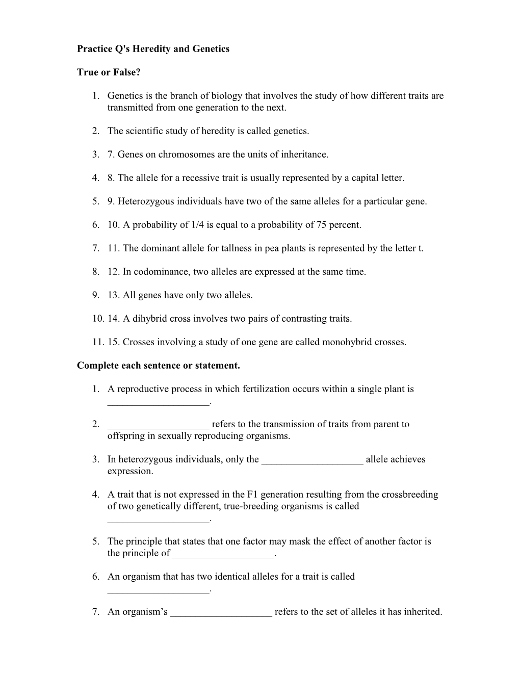 Practice Q's Heredity and Genetics