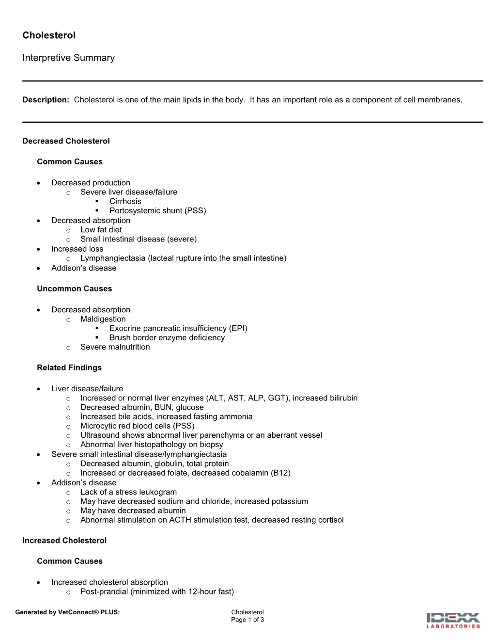 Cholesterol Interpretive Summary