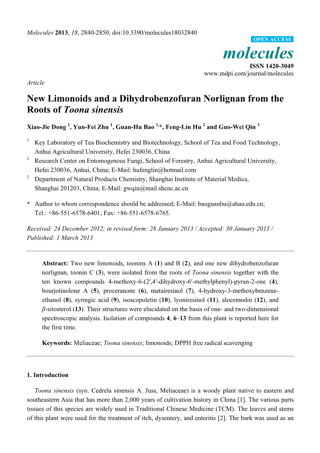 New Limonoids and a Dihydrobenzofuran Norlignan from the Roots of Toona Sinensis