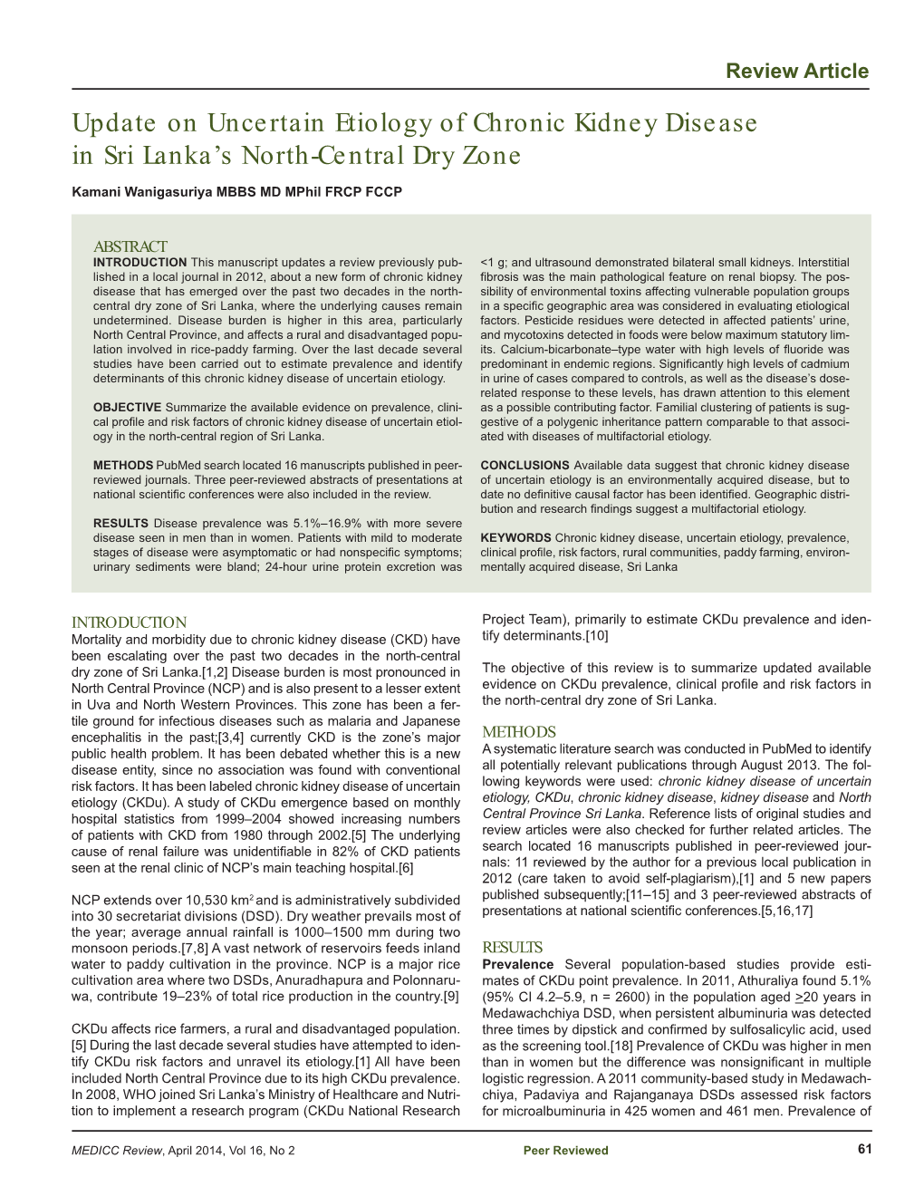 Update on Uncertain Etiology of Chronic Kidney Disease in Sri Lanka’S North-Central Dry Zone