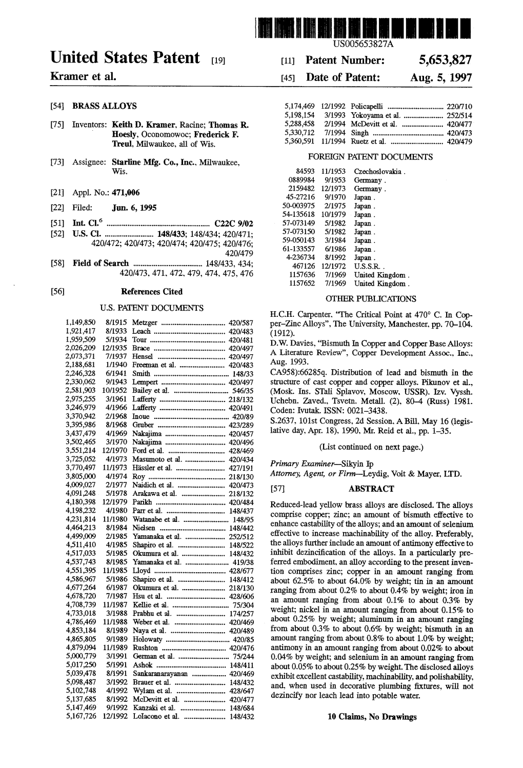 United States Patent (19) 11 Patent Number: 5,653,827 Kramer Et Al