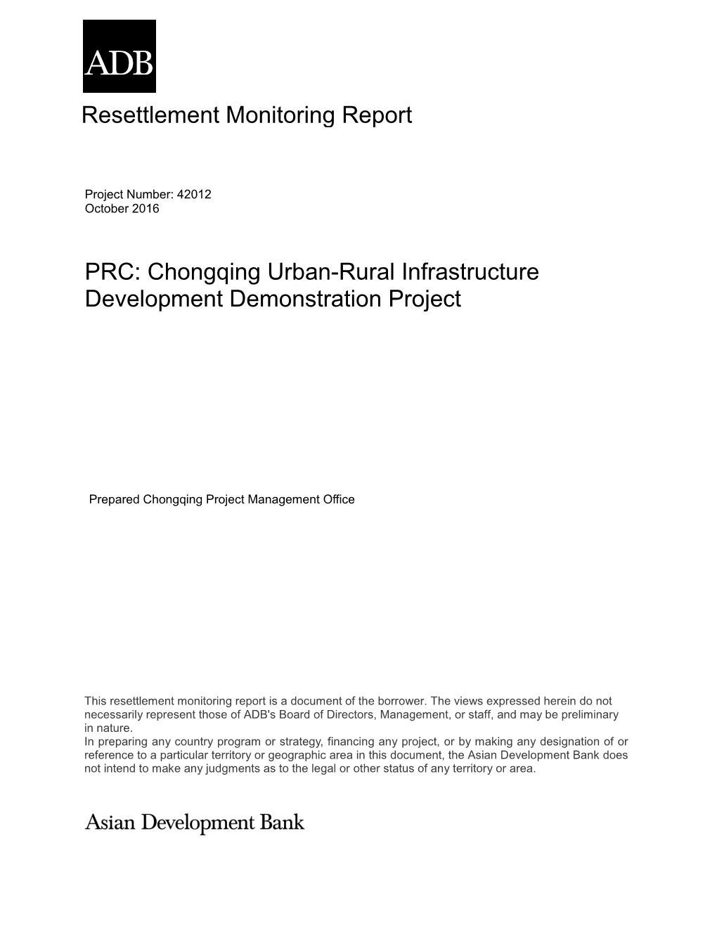 Resettlement Monitoring Report PRC: Chongqing Urban-Rural