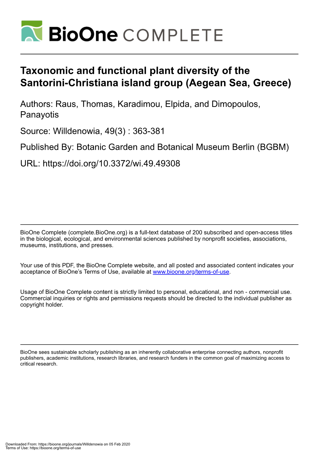 Taxonomic and Functional Plant Diversity of the Santorini-Christiana Island Group (Aegean Sea, Greece)