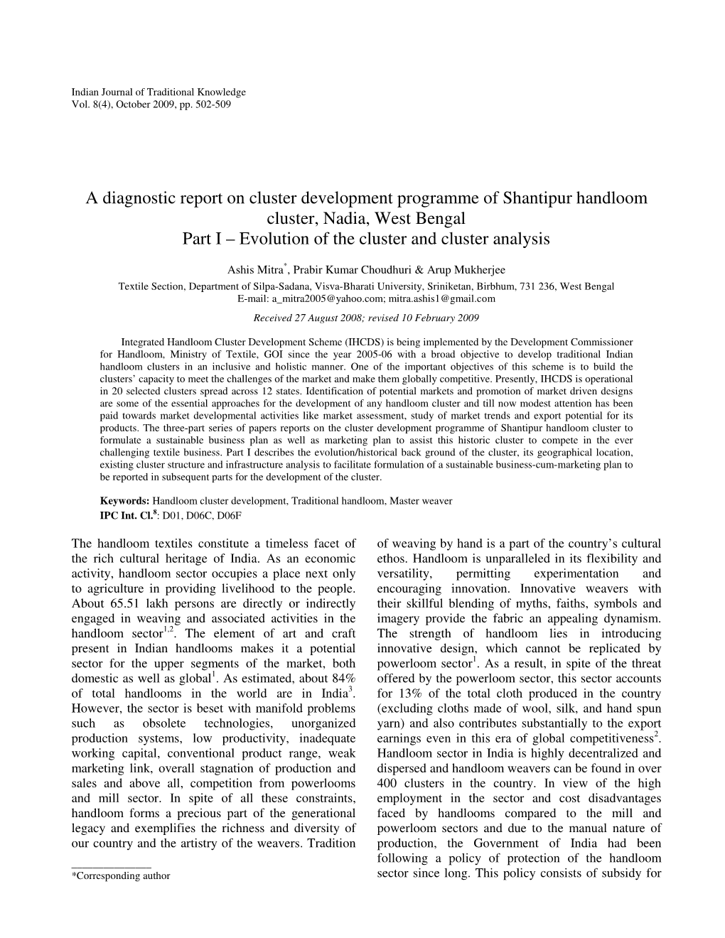 A Diagnostic Report on Cluster Development Programme of Shantipur Handloom Cluster, Nadia, West Bengal Part I – Evolution of the Cluster and Cluster Analysis