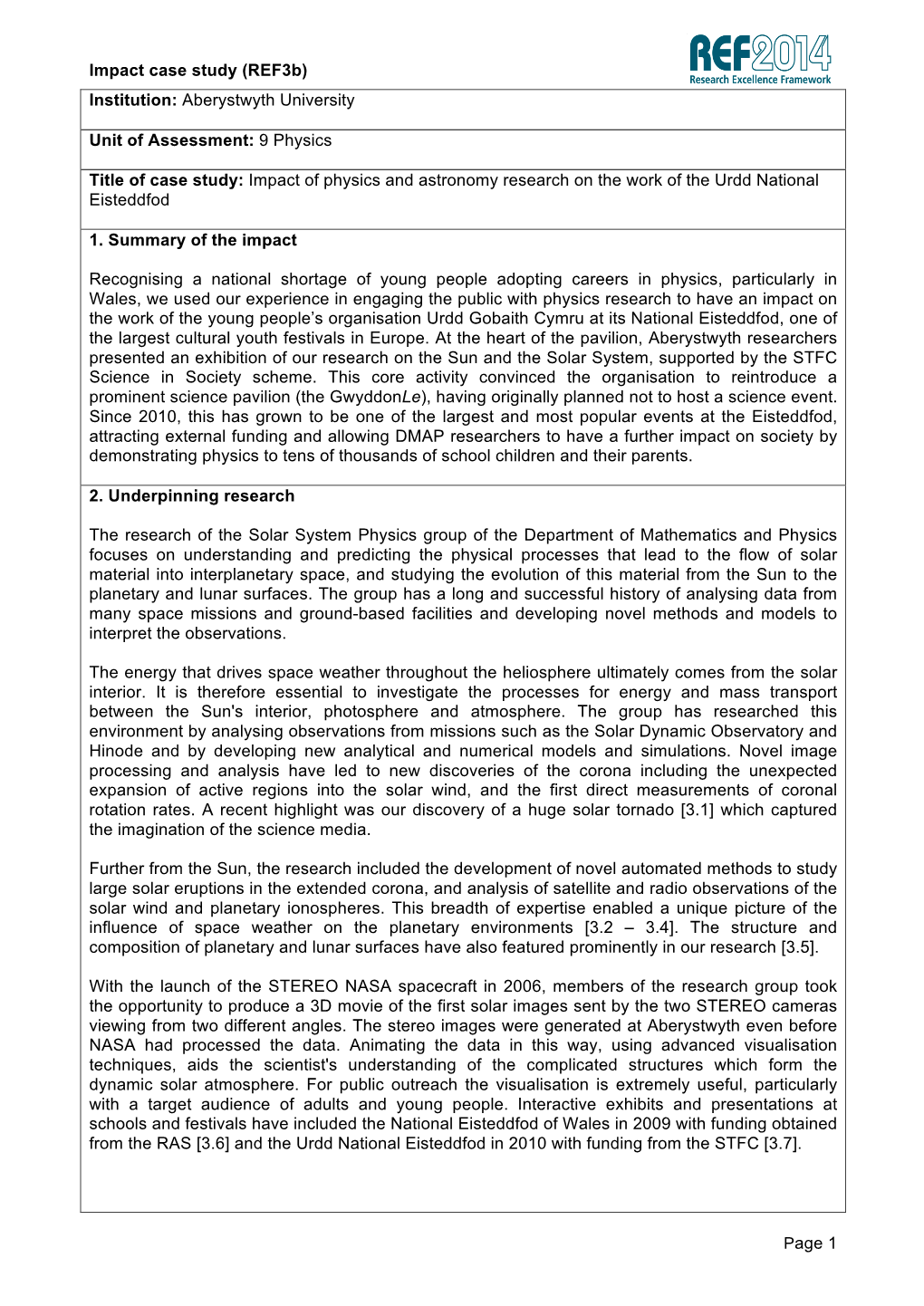 Aberystwyth University Unit of Assessment: 9 Physics Title of Case