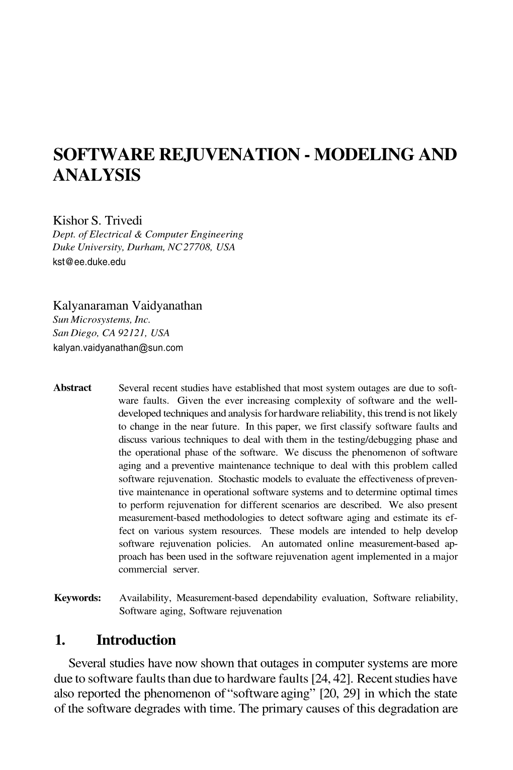 Software Rejuvenation - Modeling and Analysis
