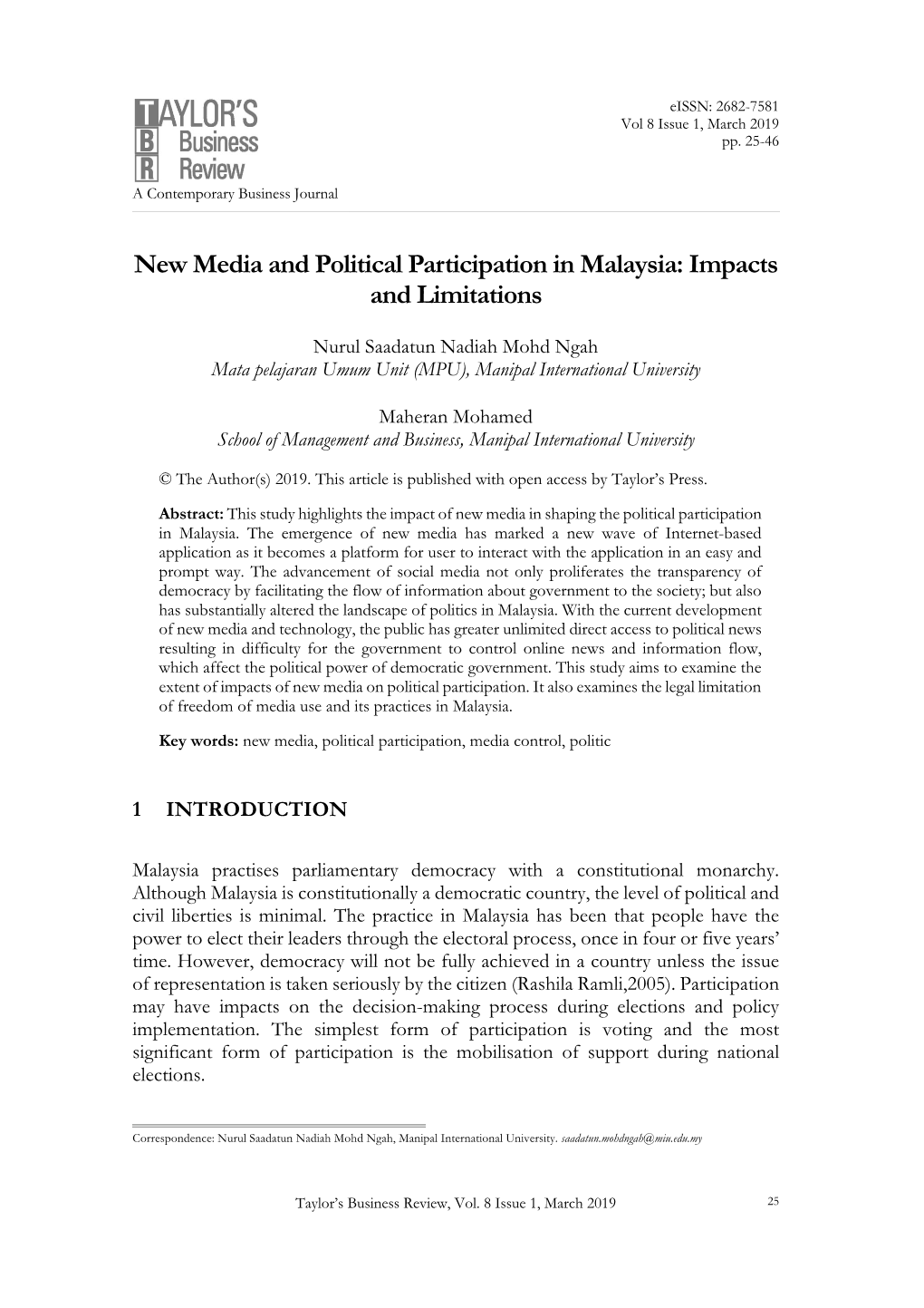 New Media and Political Participation in Malaysia: Impacts and Limitations