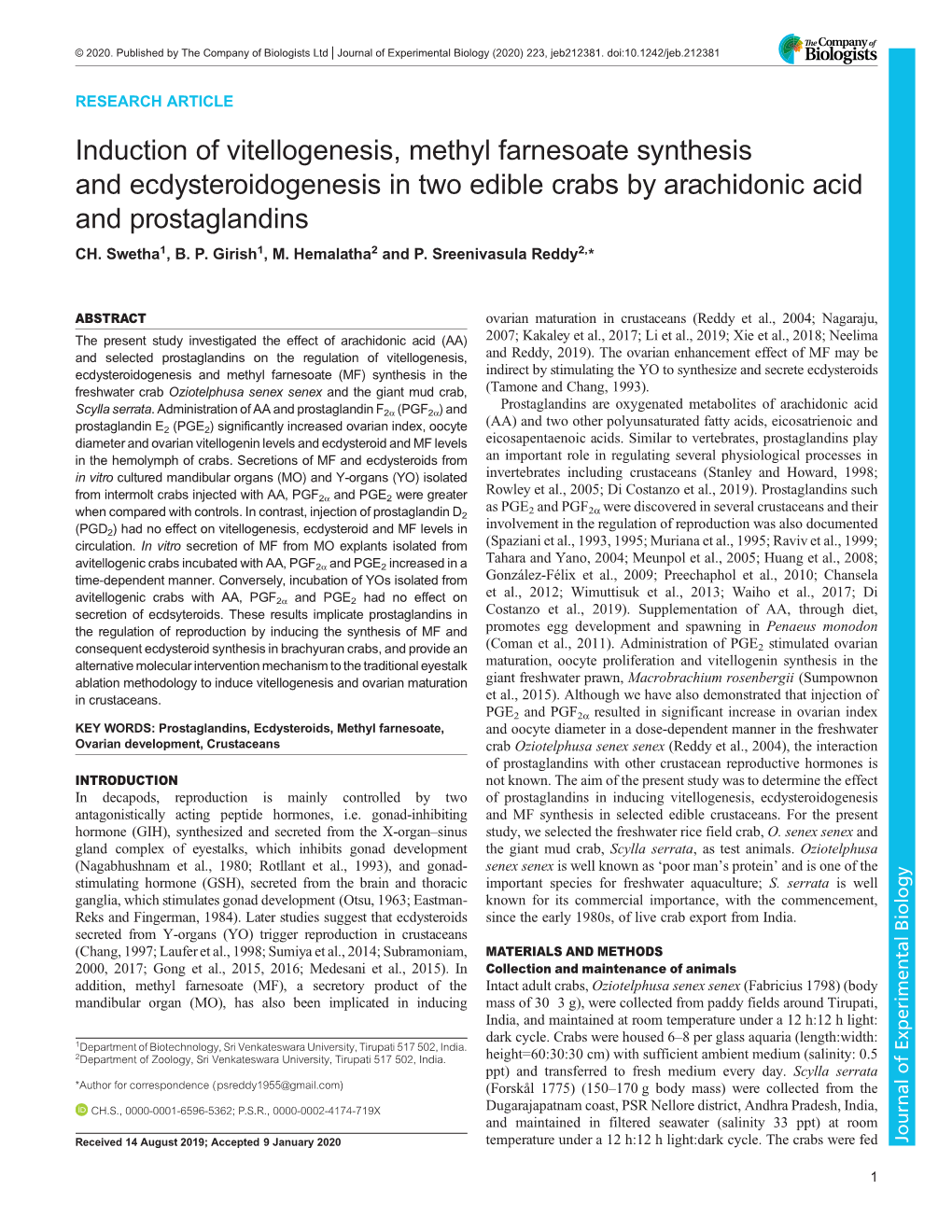 Induction of Vitellogenesis, Methyl Farnesoate Synthesis and Ecdysteroidogenesis in Two Edible Crabs by Arachidonic Acid and Prostaglandins CH