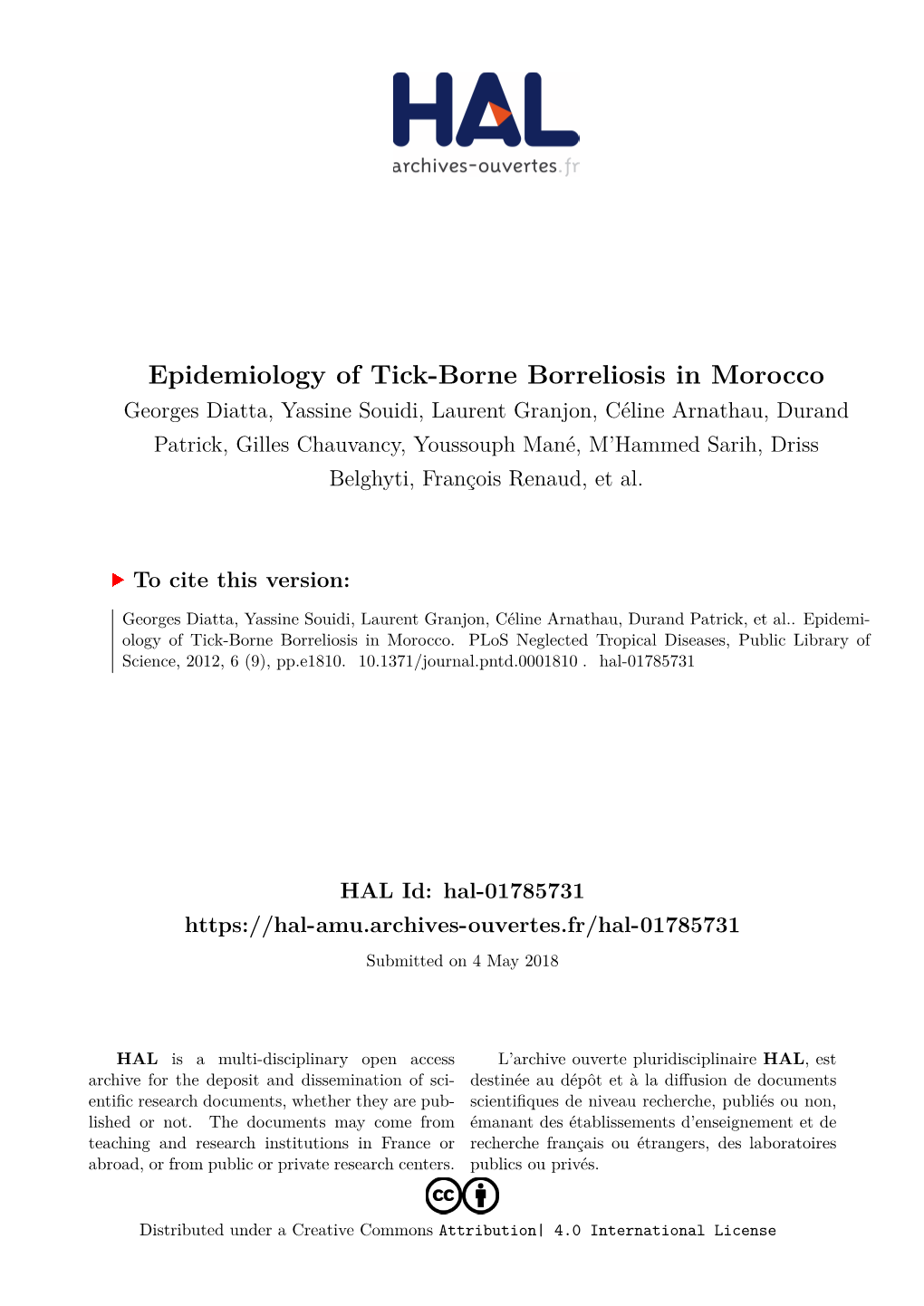 Epidemiology of Tick-Borne Borreliosis in Morocco