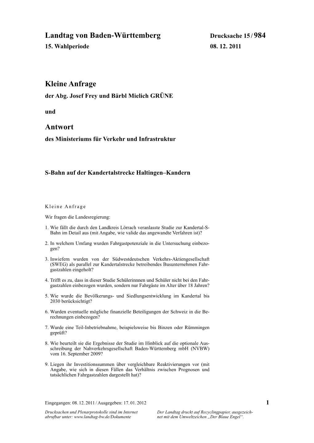 Landtag Von Baden-Württemberg Kleine Anfrage Antwort
