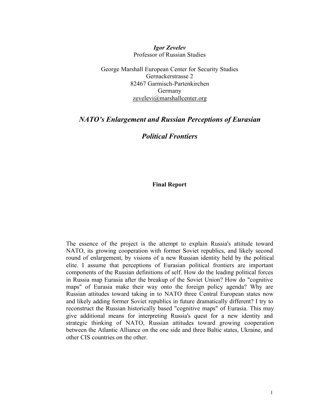 NATO's Enlargement and Russian Perceptions of Eurasian Political