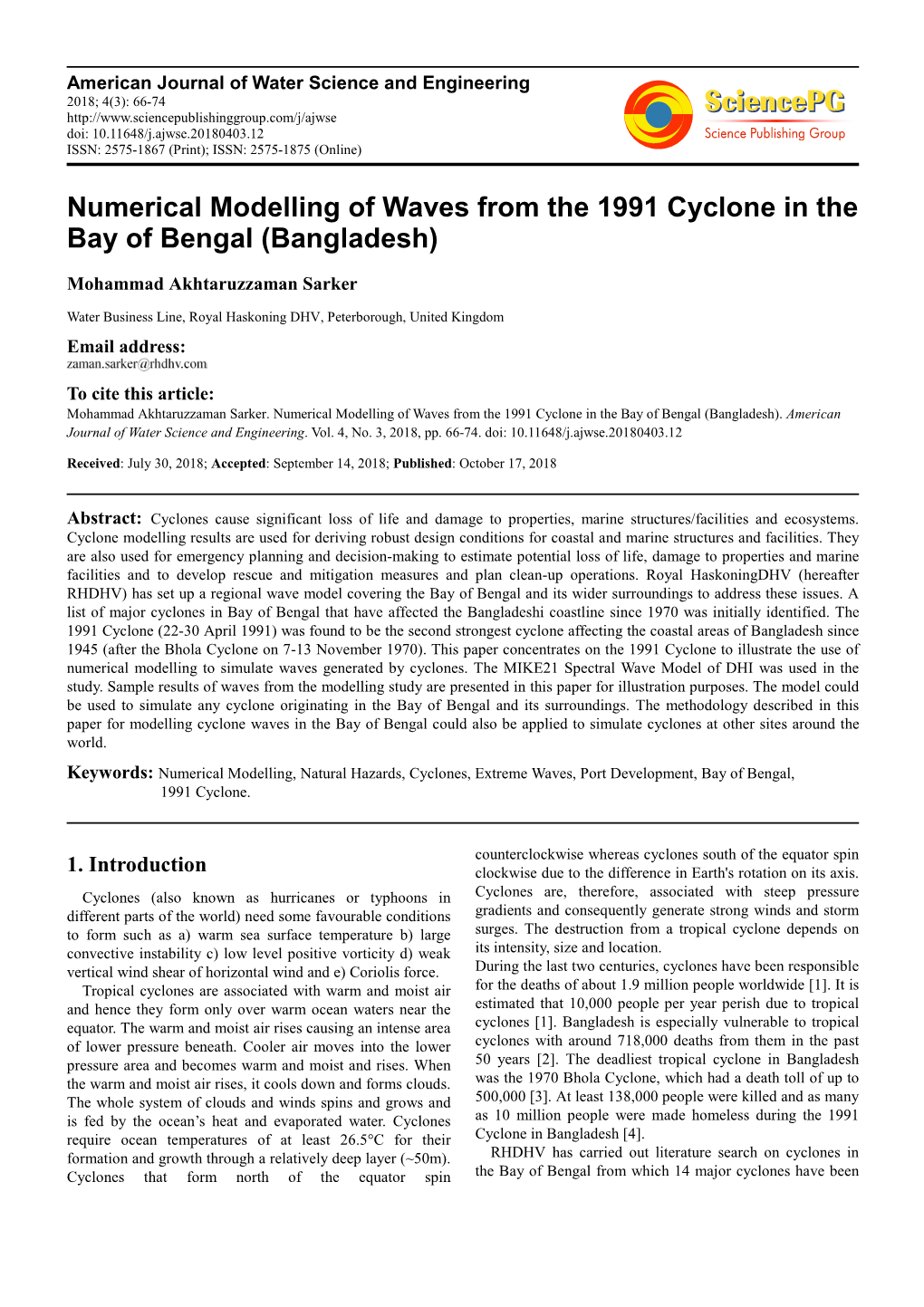 Numerical Modelling of Waves from the 1991 Cyclone in the Bay of Bengal (Bangladesh)