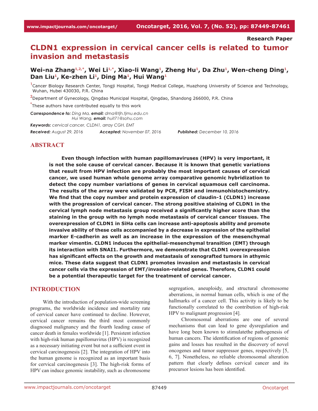 CLDN1 Expression in Cervical Cancer Cells Is Related to Tumor Invasion and Metastasis