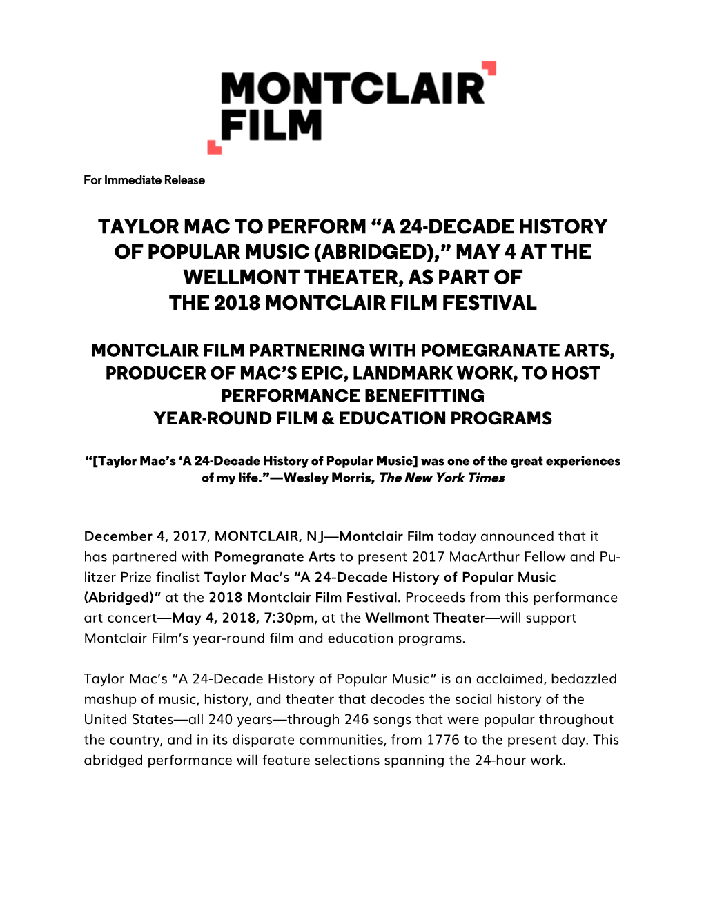Taylor Mac to Perform “A 24-Decade History of Popular Music (Abridged),” May 4 at the Wellmont Theater, As Part of the 2018 Montclair Film Festival