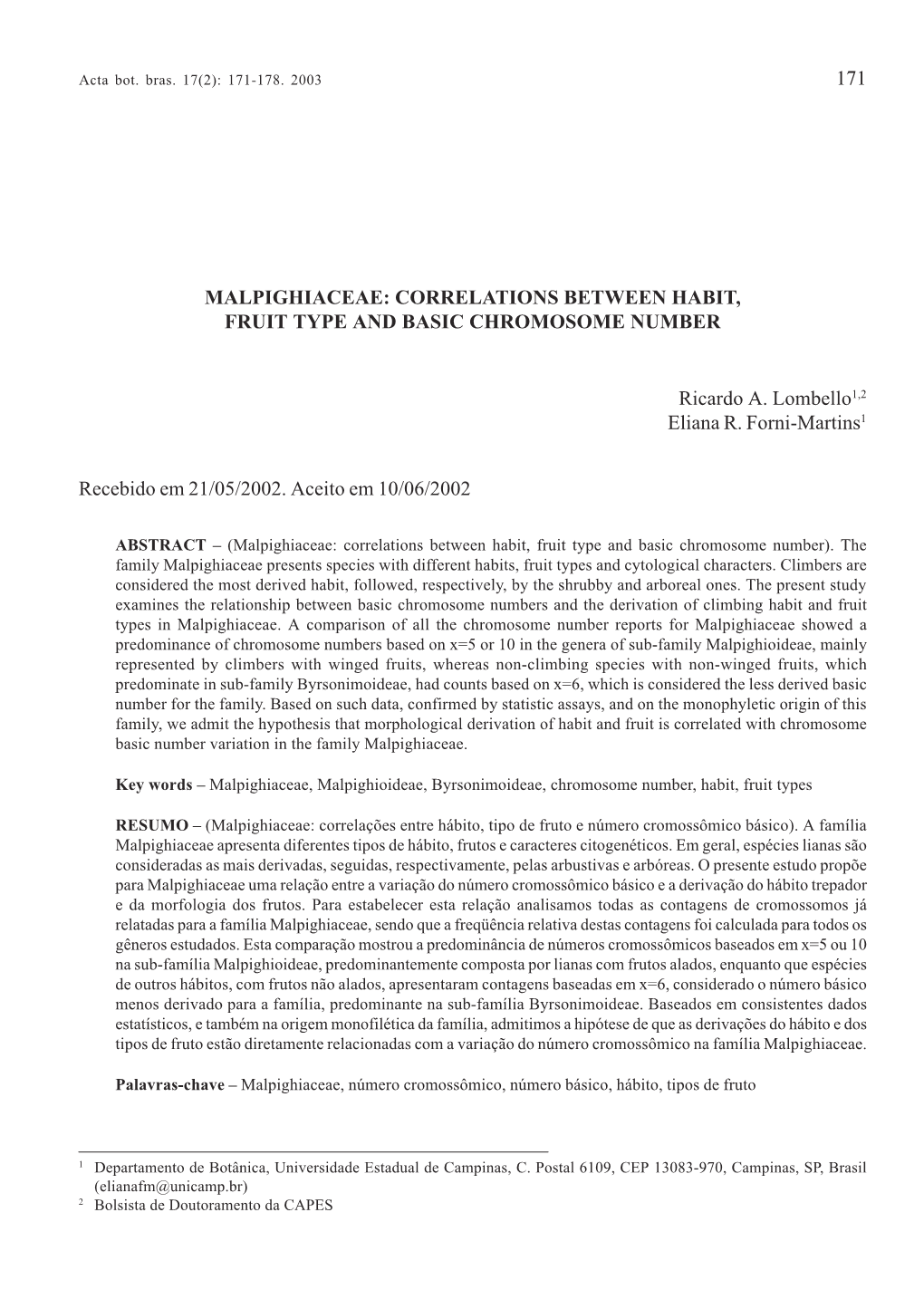 171 Malpighiaceae: Correlations Between Habit