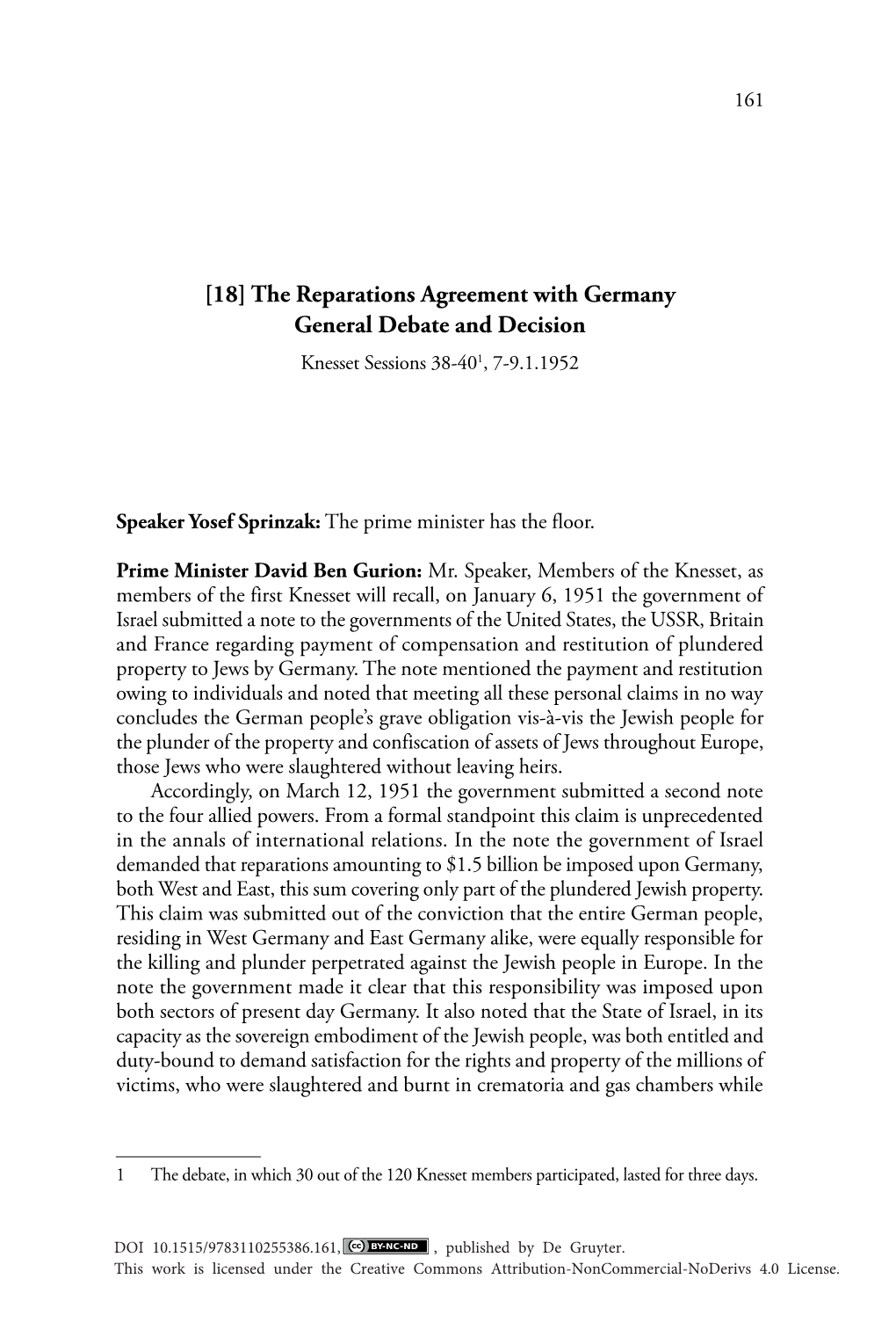 The Reparations Agreement with Germany General Debate and Decision Knesset Sessions 38-401, 7-9.1.1952