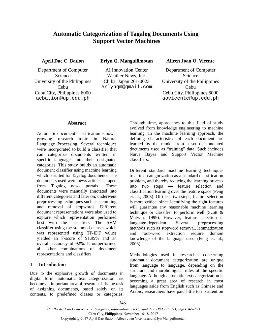 Automatic Categorization of Tagalog Documents Using Support Vector Machines