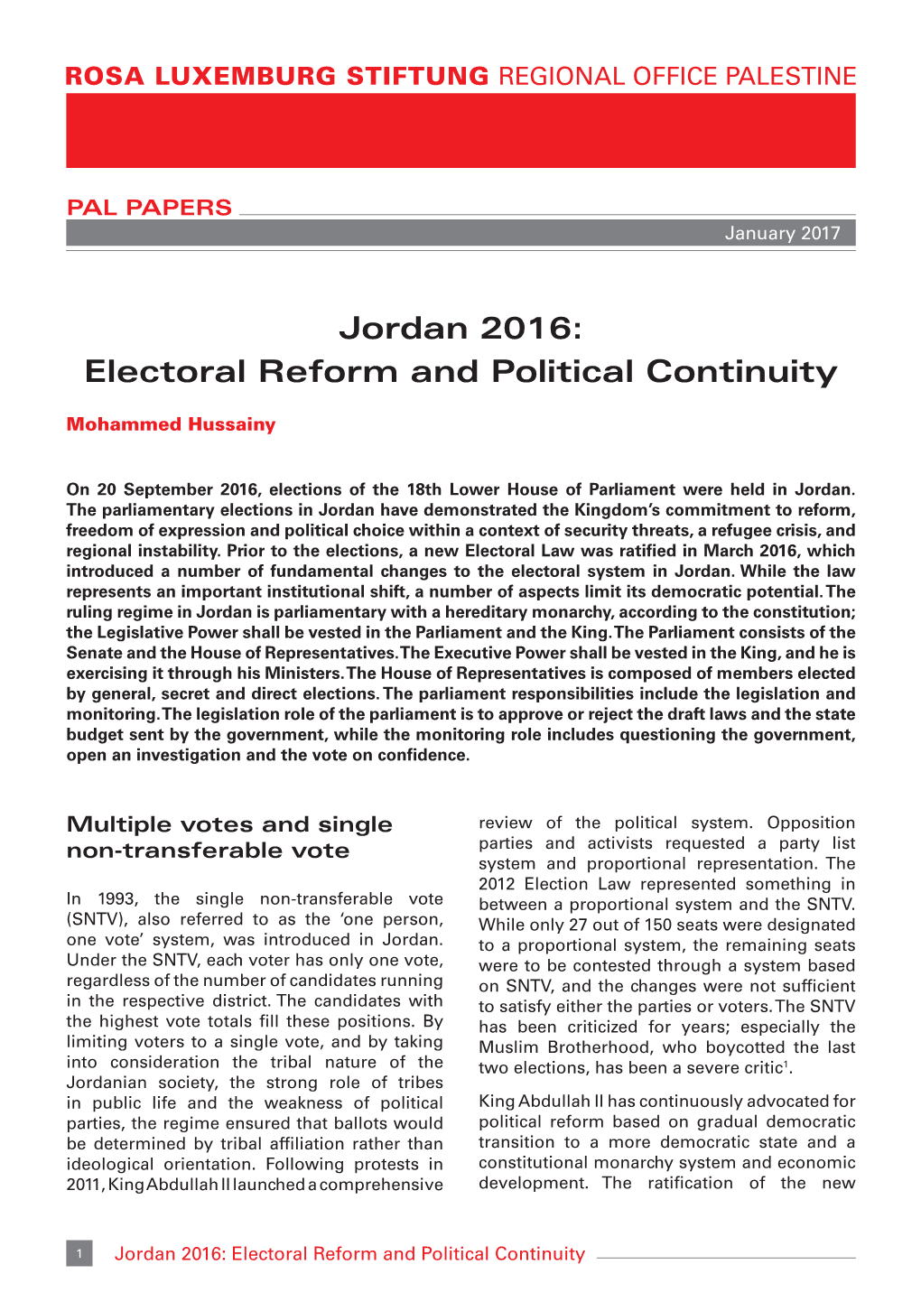 Jordan 2016: Electoral Reform and Political Continuity