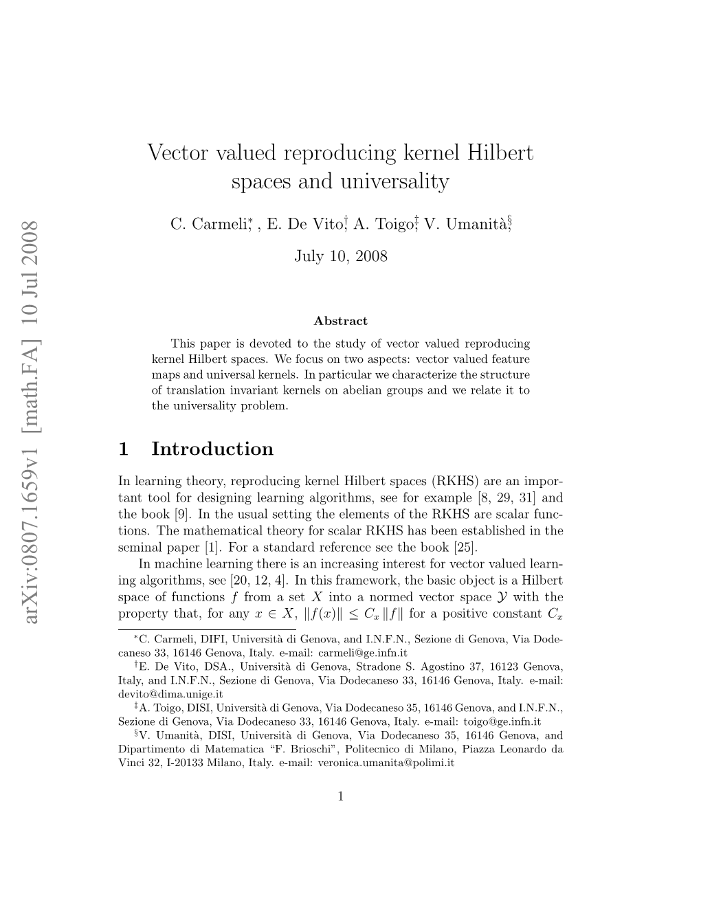 Arxiv:0807.1659V1 [Math.FA] 10 Jul 2008 Vector Valued Reproducing