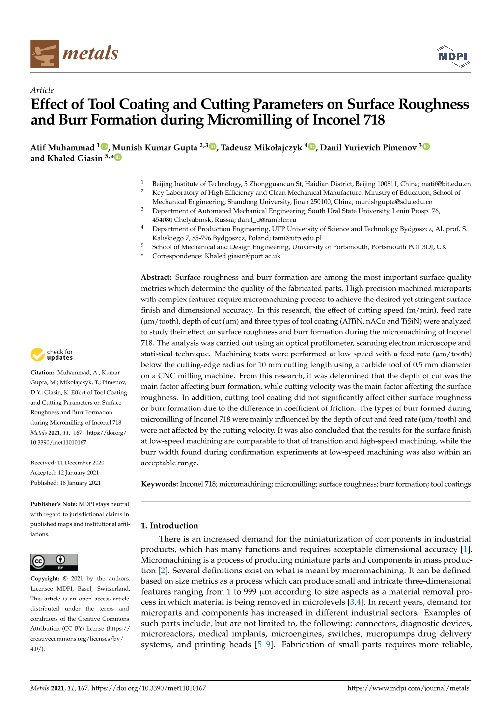 Effect of Tool Coating and Cutting Parameters on Surface Roughness and Burr Formation During Micromilling of Inconel 718