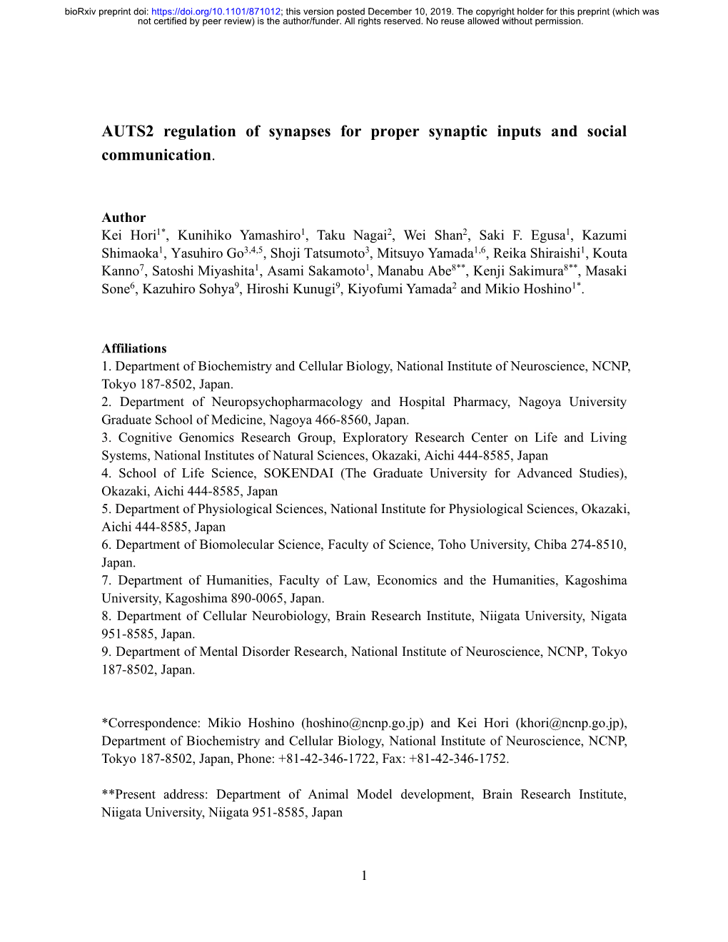 AUTS2 Regulation of Synapses for Proper Synaptic Inputs and Social Communication