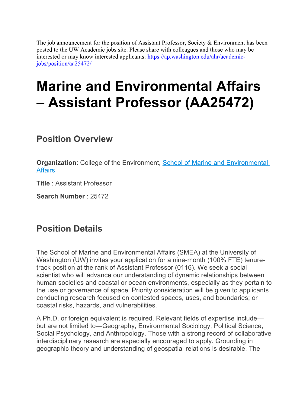 Marine and Environmental Affairs Assistant Professor (AA25472)