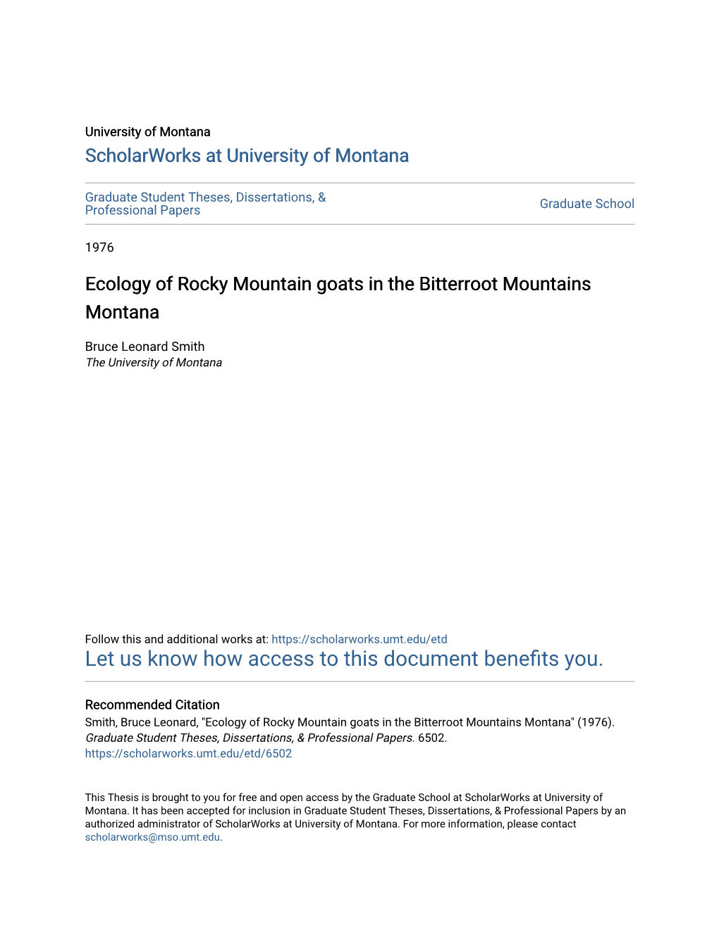 Ecology of Rocky Mountain Goats in the Bitterroot Mountains Montana