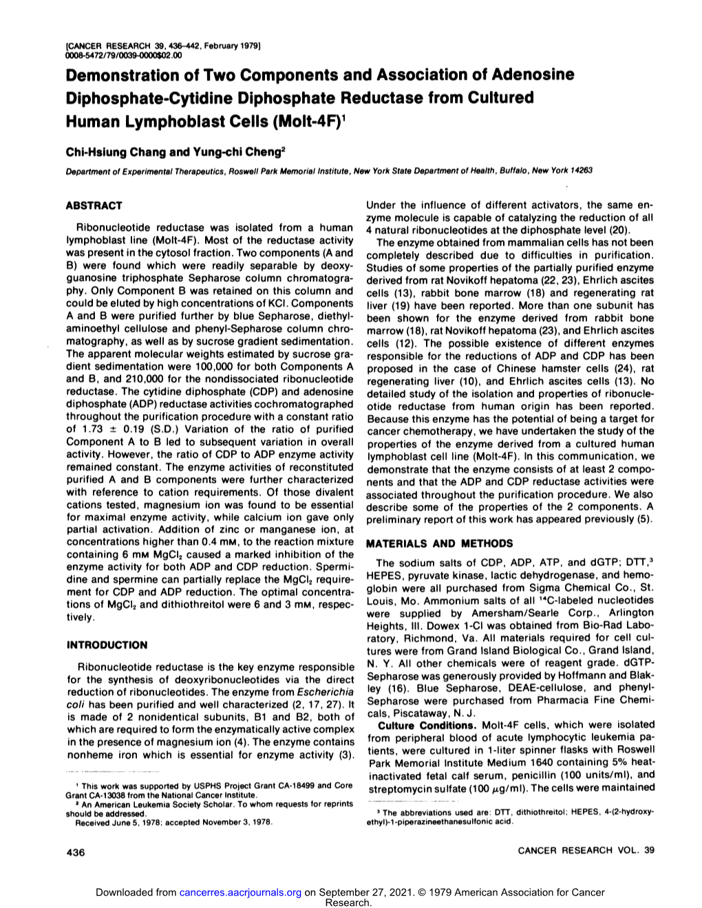 Demonstration of Two Components and Association of Adenosine Diphosphate-Cytidine Diphosphate Reductase from Cultured Human Lymphoblast Cells (Molt-4F)