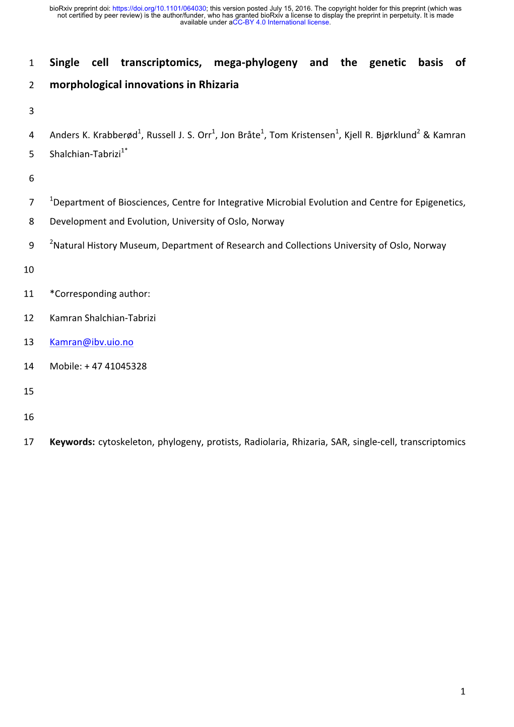 Single Cell Transcriptomics, Mega-Phylogeny and the Genetic Basis Of