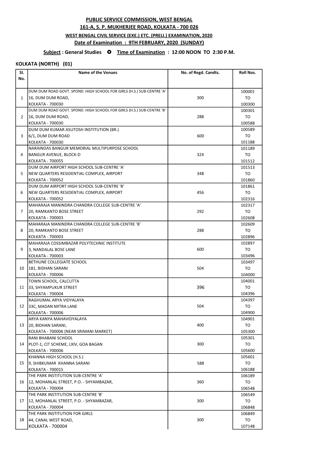 Kolkata - 700 026 West Bengal Civil Service (Exe.) Etc