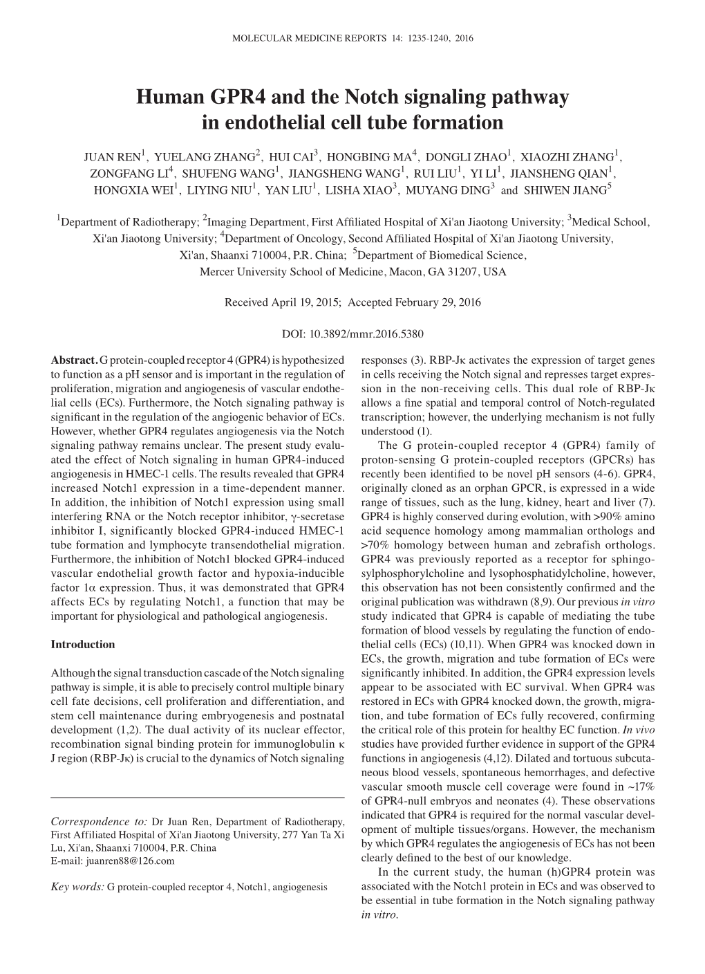 Human GPR4 and the Notch Signaling Pathway in Endothelial Cell Tube Formation