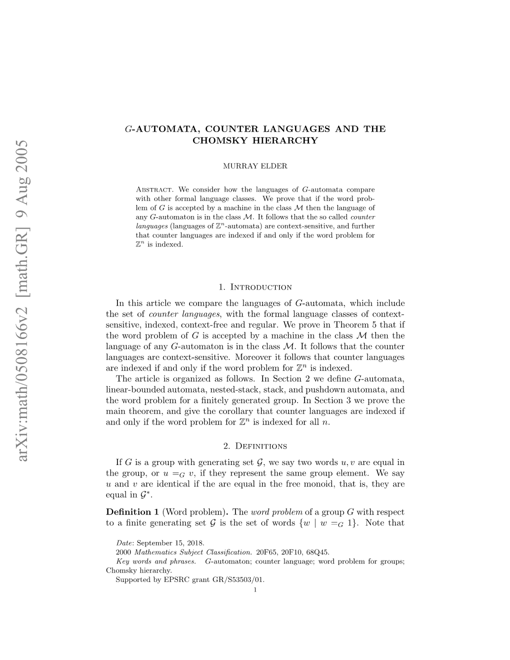 [Math.GR] 9 Aug 2005 U Agaeo Any of Language H Ru,Or Group, the for Problem Word the If Only and That If Follows Indexed It Are Moreover Context-Sensitive