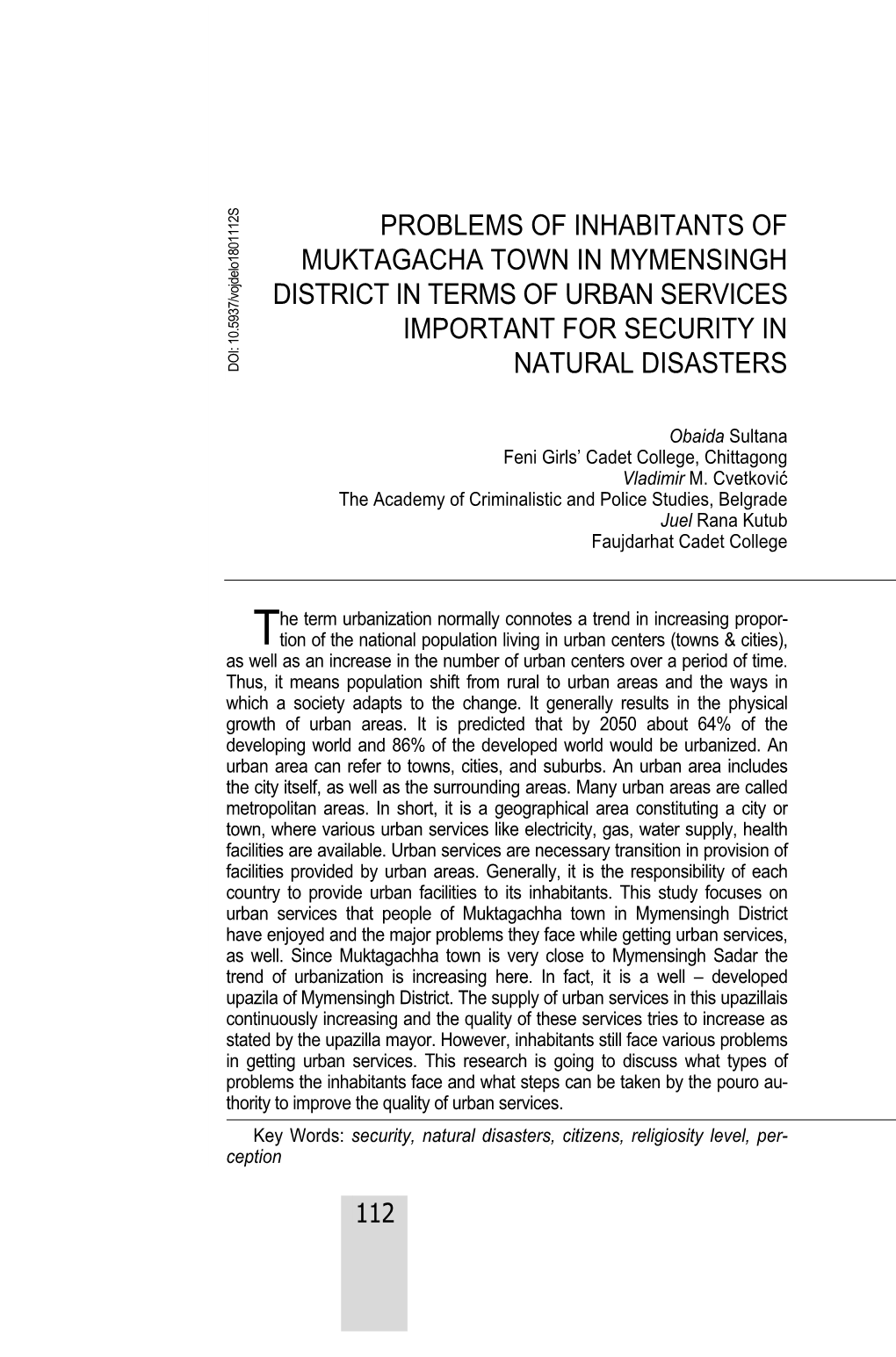 Problems of Inhabitants of Muktagacha Town in Mymensingh District in Terms of Urban Services Important for Security in Natura