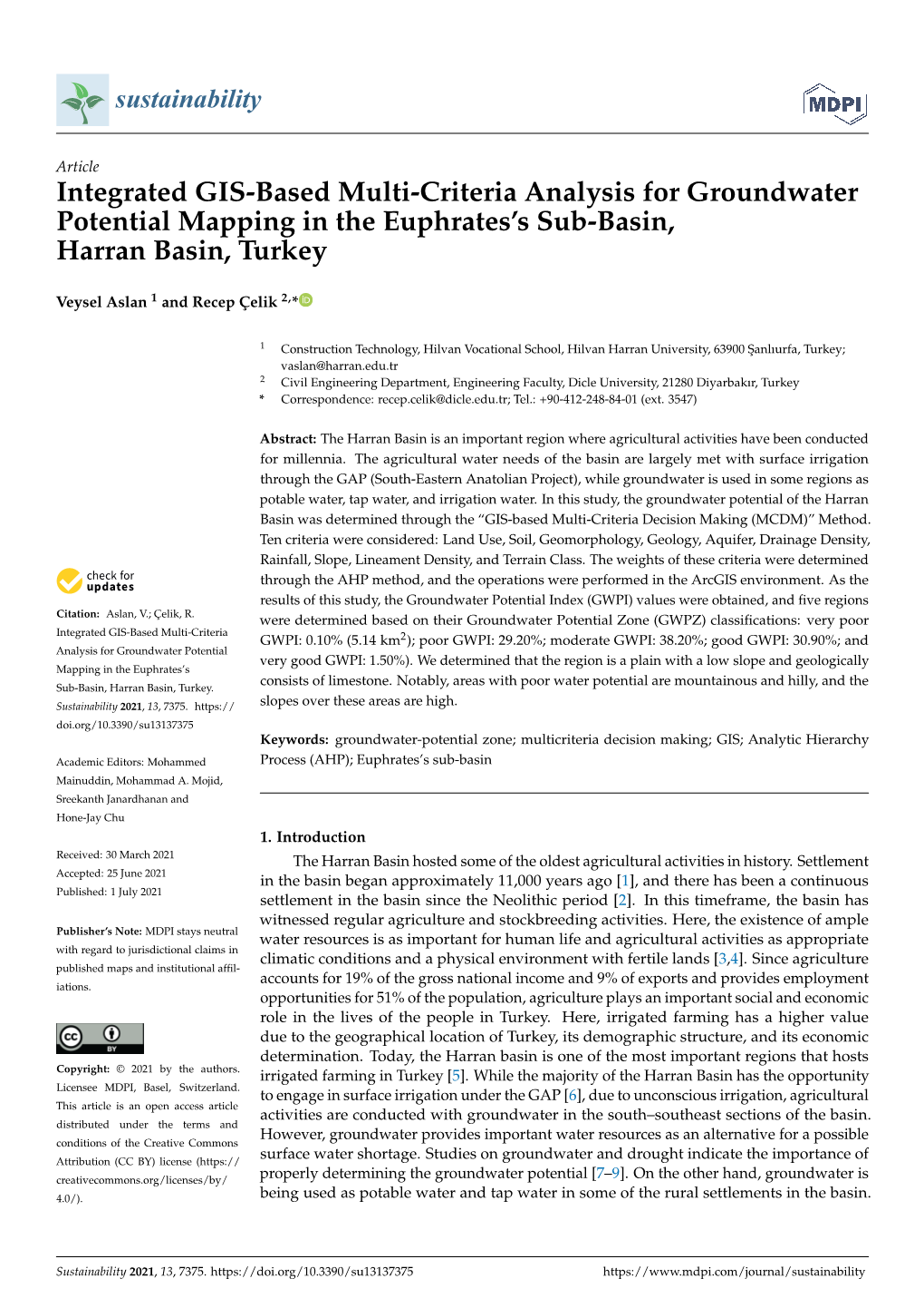 Integrated GIS-Based Multi-Criteria Analysis for Groundwater Potential Mapping in the Euphrates’S Sub-Basin, Harran Basin, Turkey