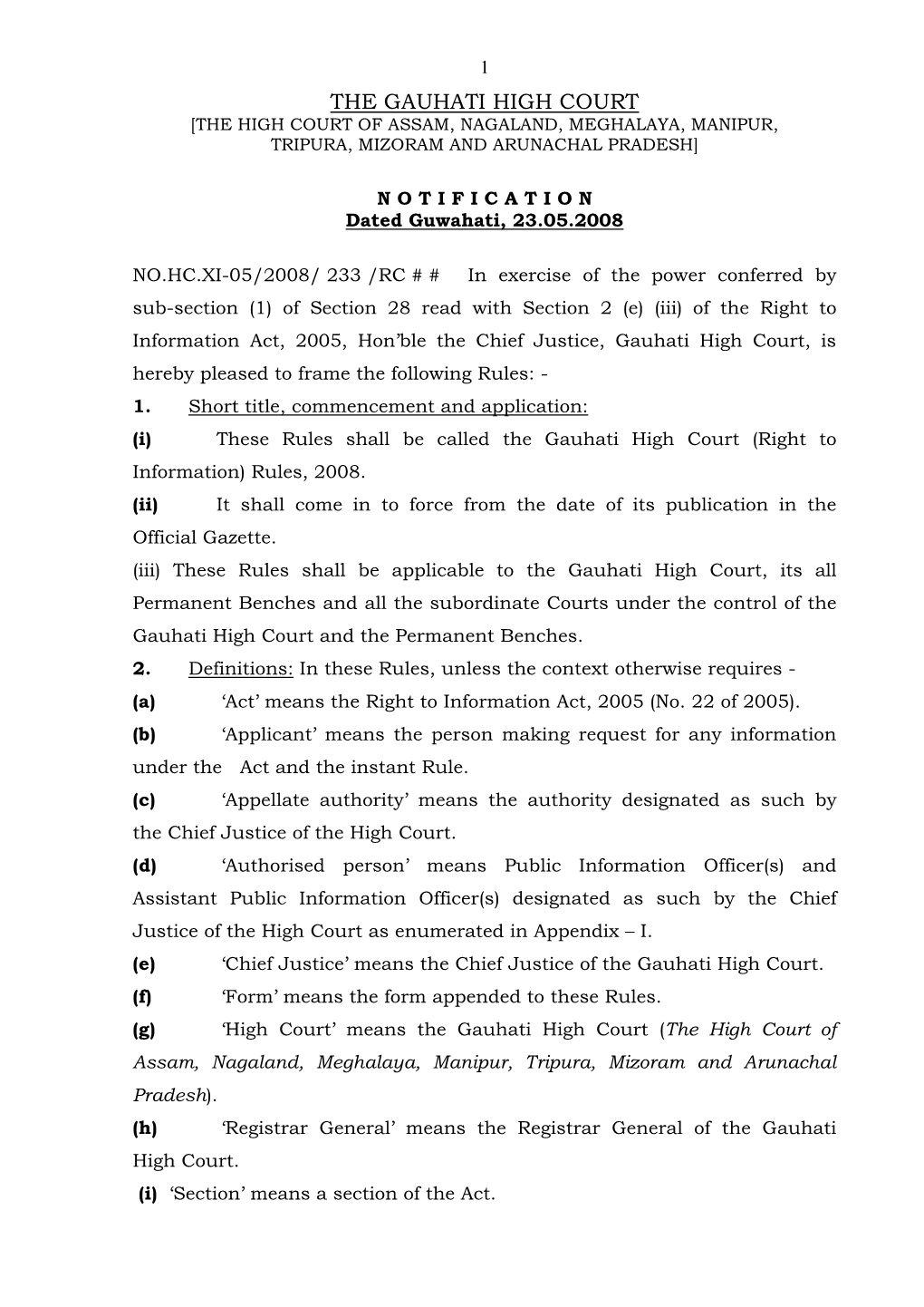 Hon'ble Gauhati High Court RTI Rules, 2008