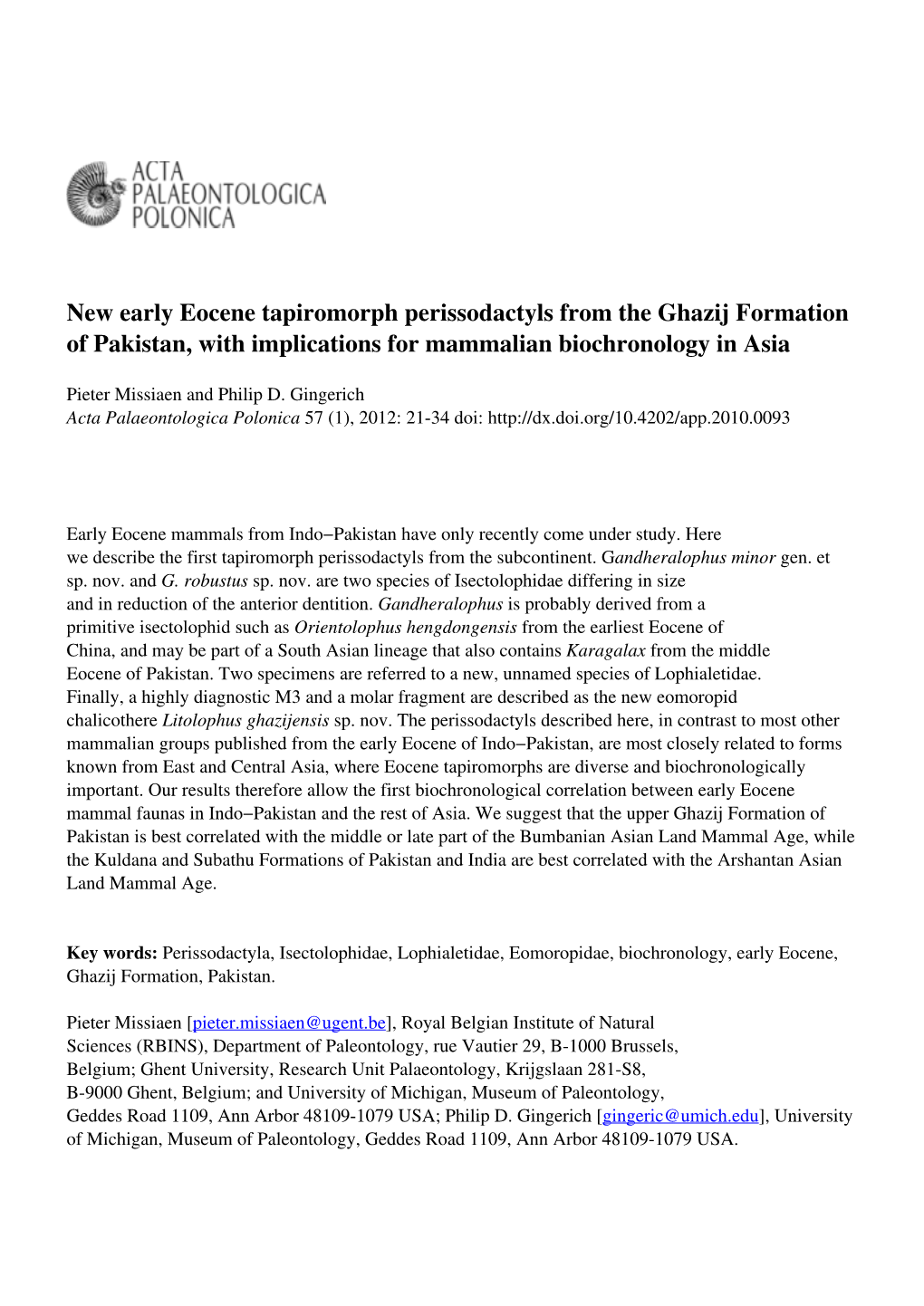 New Early Eocene Tapiromorph Perissodactyls from the Ghazij Formation of Pakistan, with Implications for Mammalian Biochronology in Asia