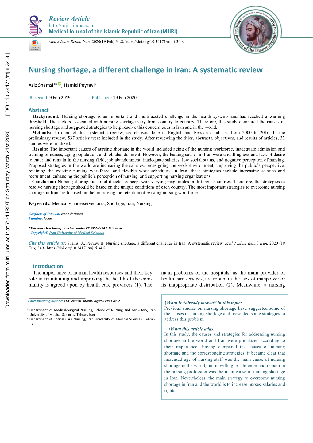 Nursing Shortage, a Different Challenge in Iran: a Systematic Review
