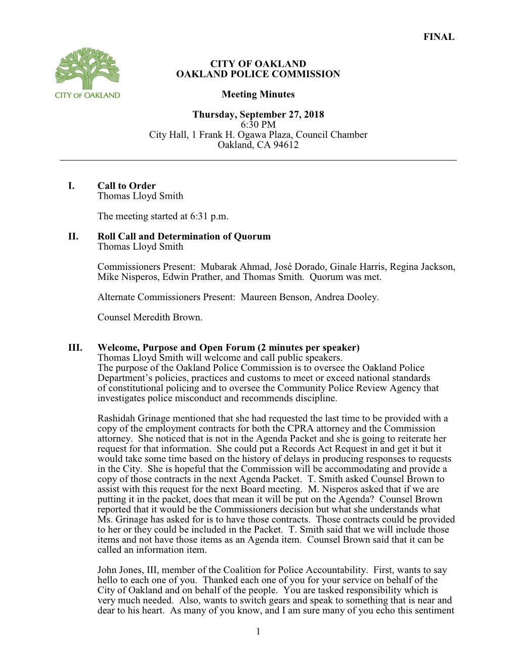 Final 1 \\ City of Oakland Oakland Police Commission