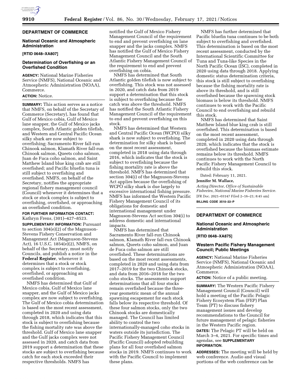 Federal Register/Vol. 86, No. 30/Wednesday, February 17, 2021