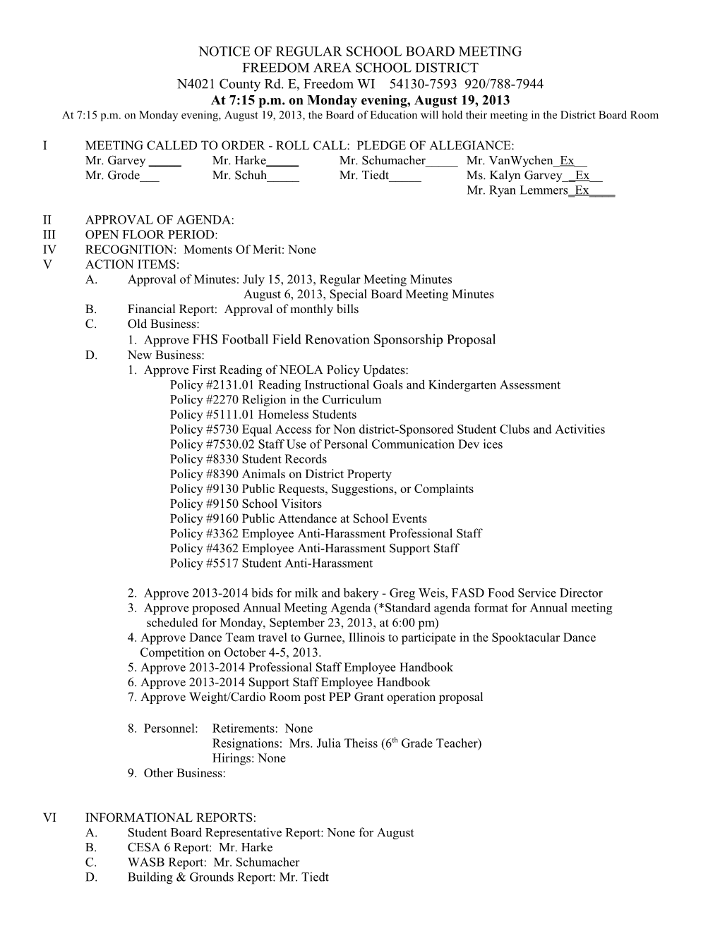 Notice of Regular School Board Meeting