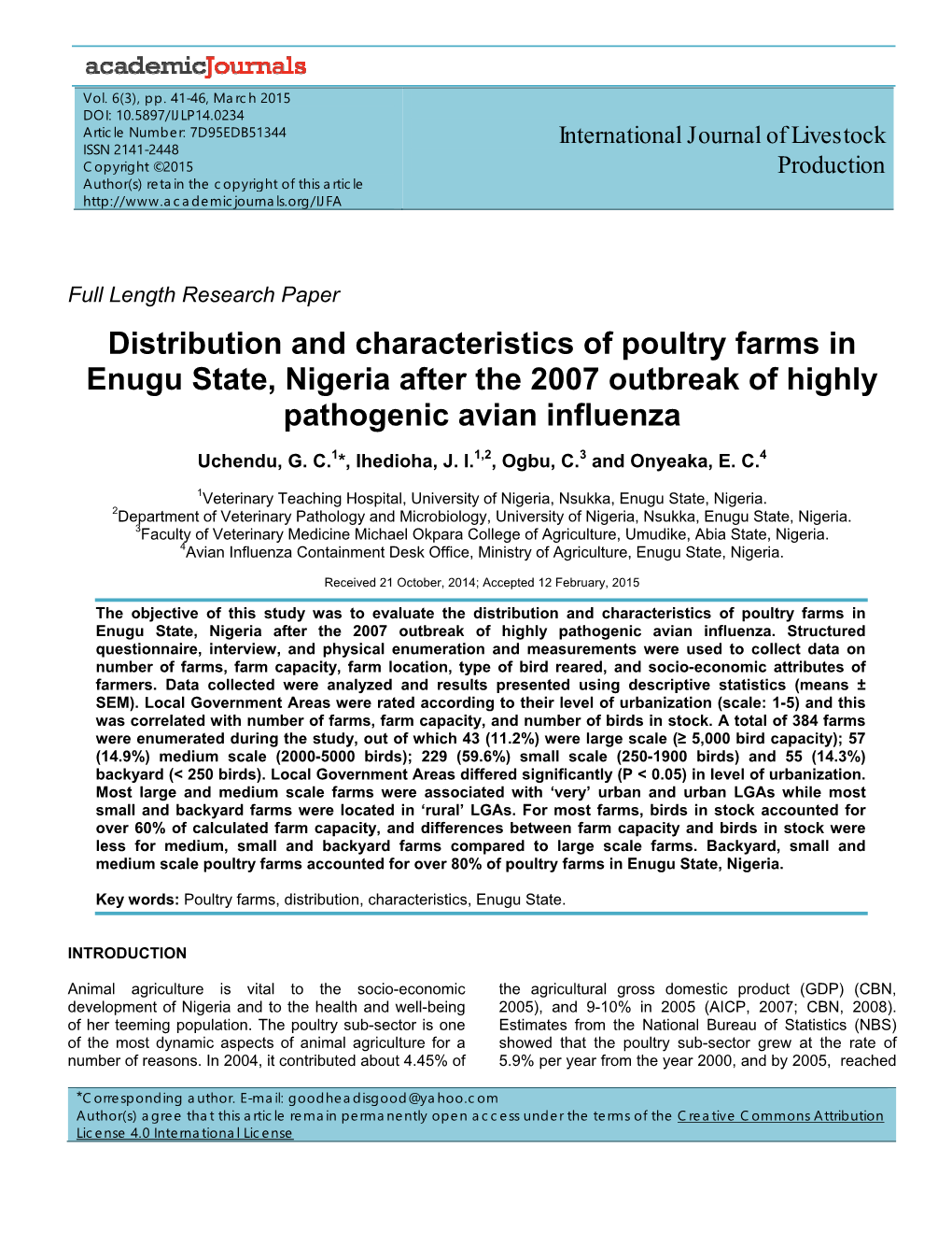Distribution and Characteristics of Poultry Farms in Enugu State, Nigeria After the 2007 Outbreak of Highly Pathogenic Avian Influenza