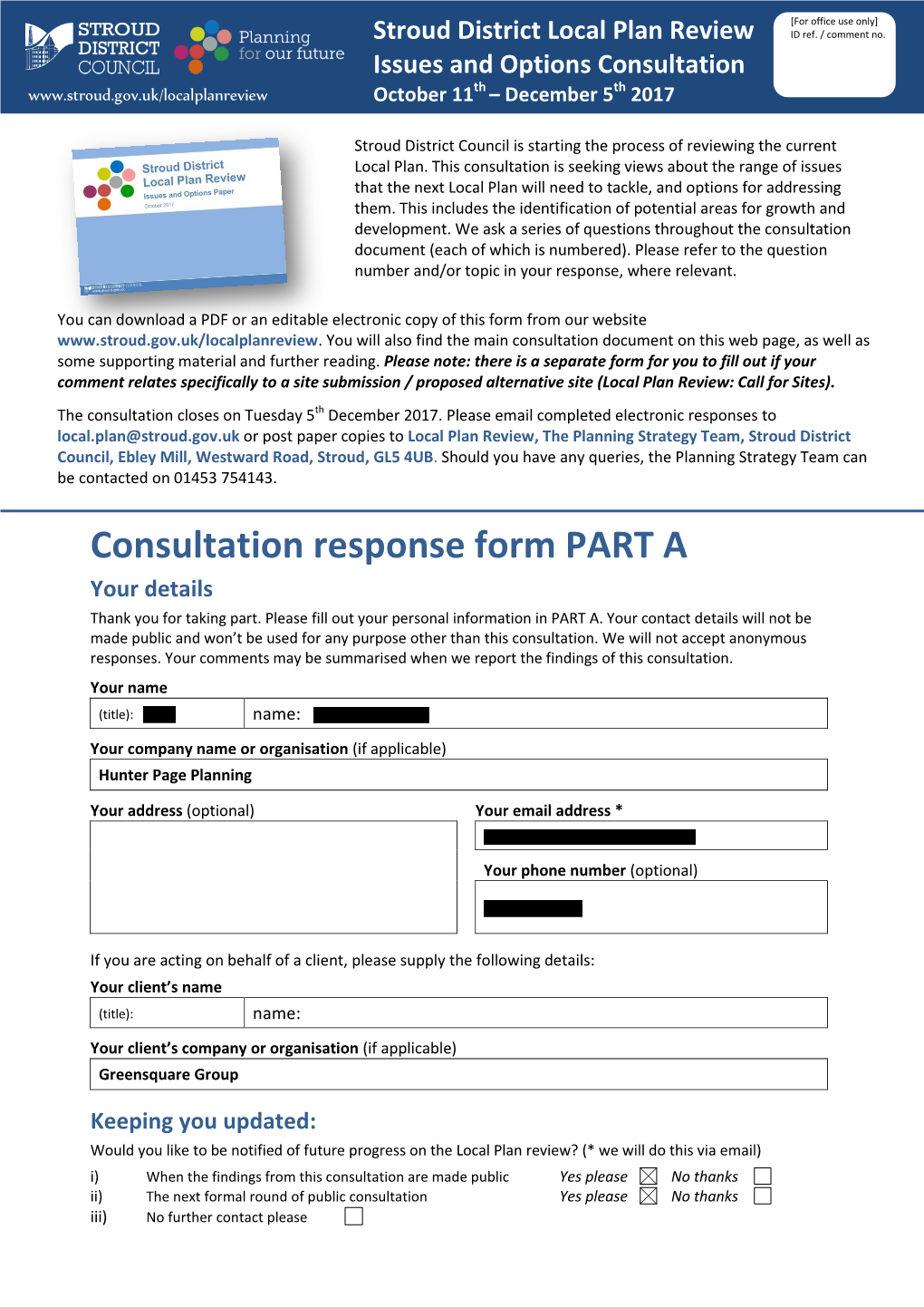 Consultation Response Form PART a Your Details Thank You for Taking Part