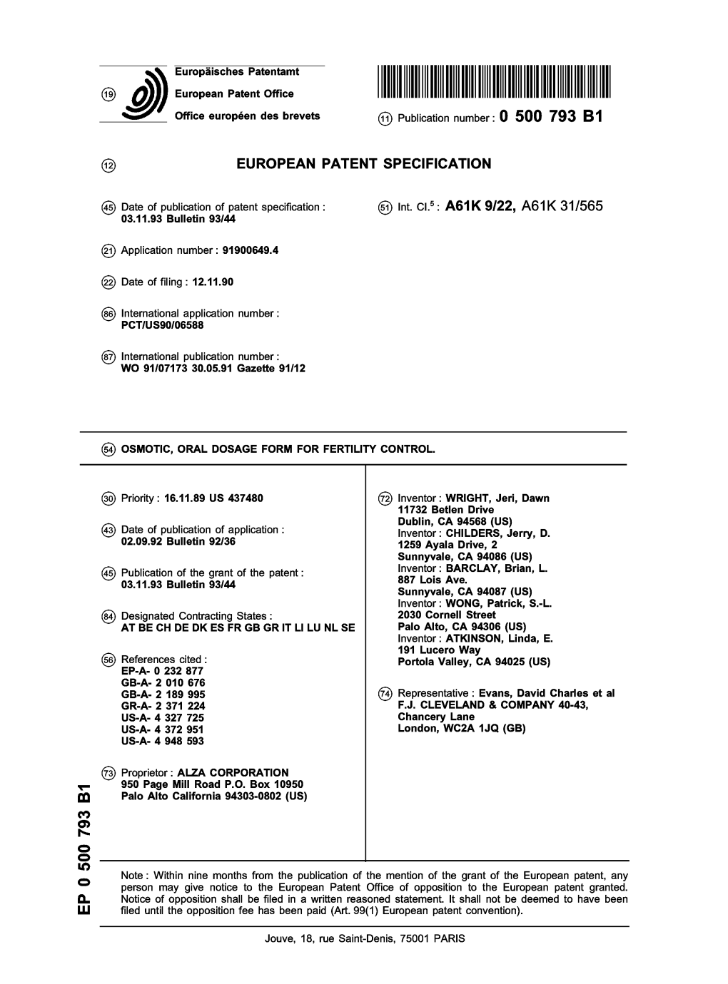 Osmotic, Oral Dosage Form for Fertility Control