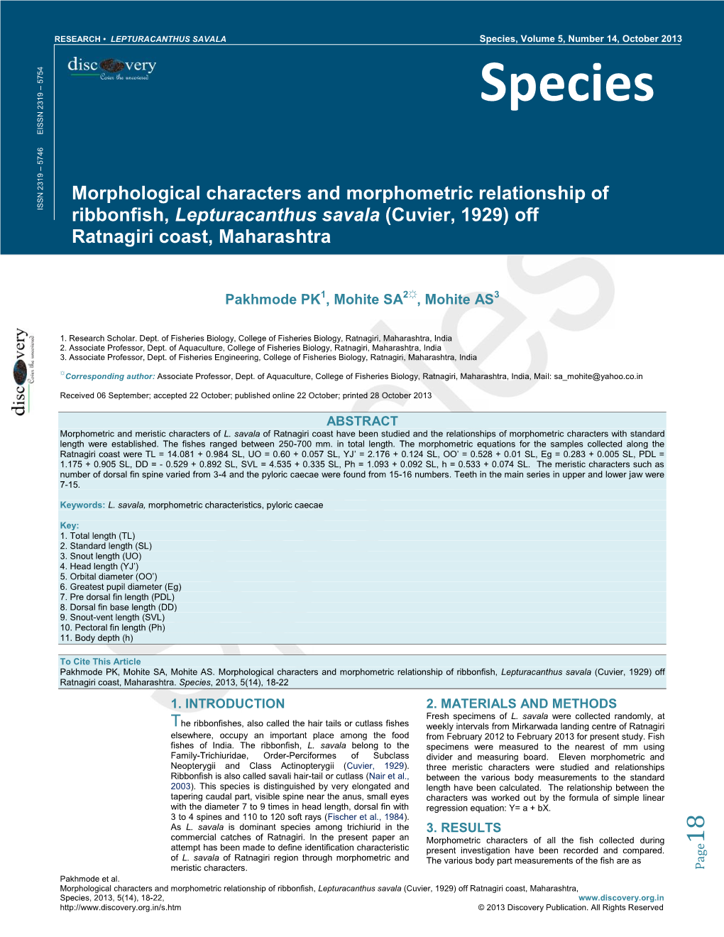 Species Morphological Characters and Morphometric Relationship Of
